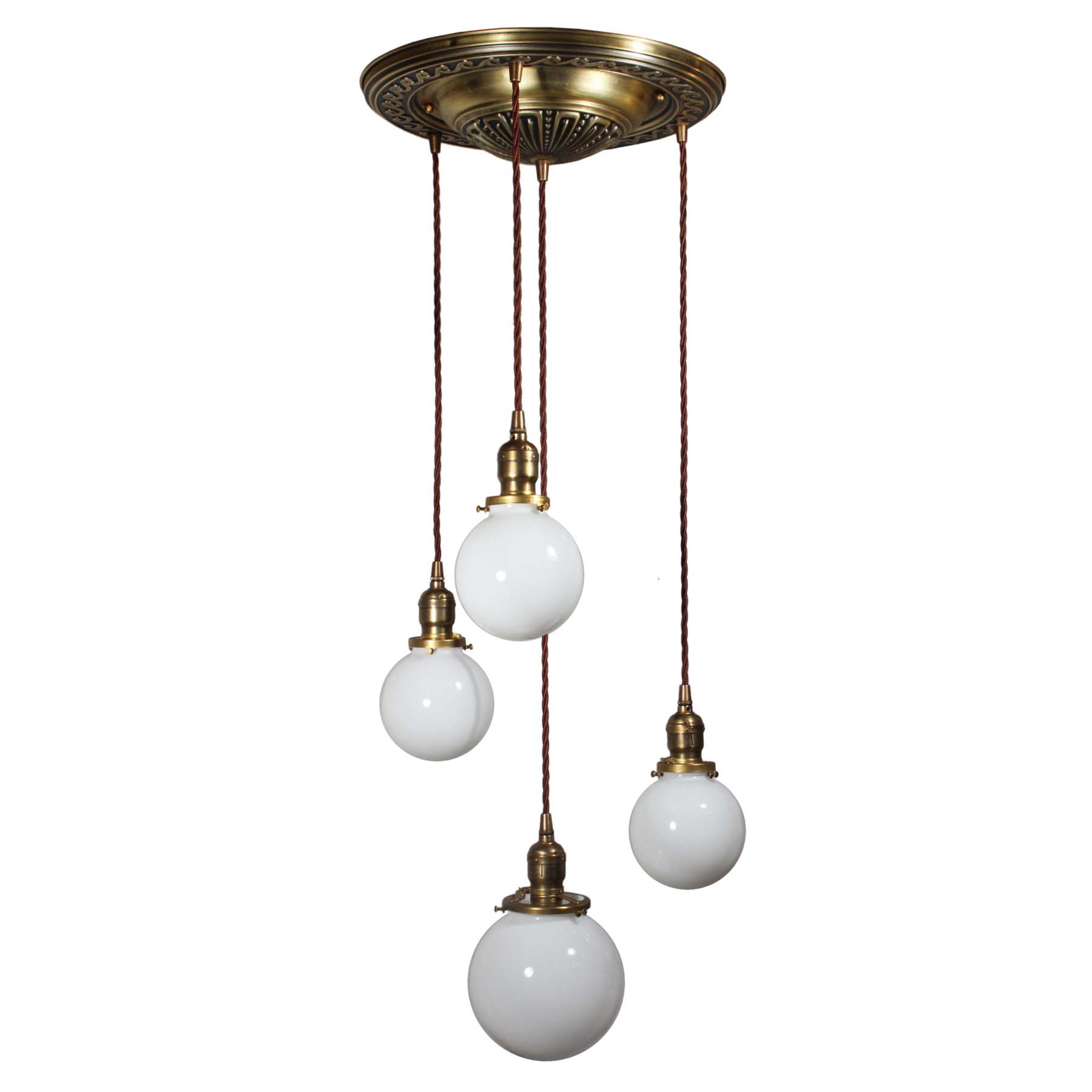 SOLD Antique Semi-Flush Brass Chandelier with Ball Shades-0