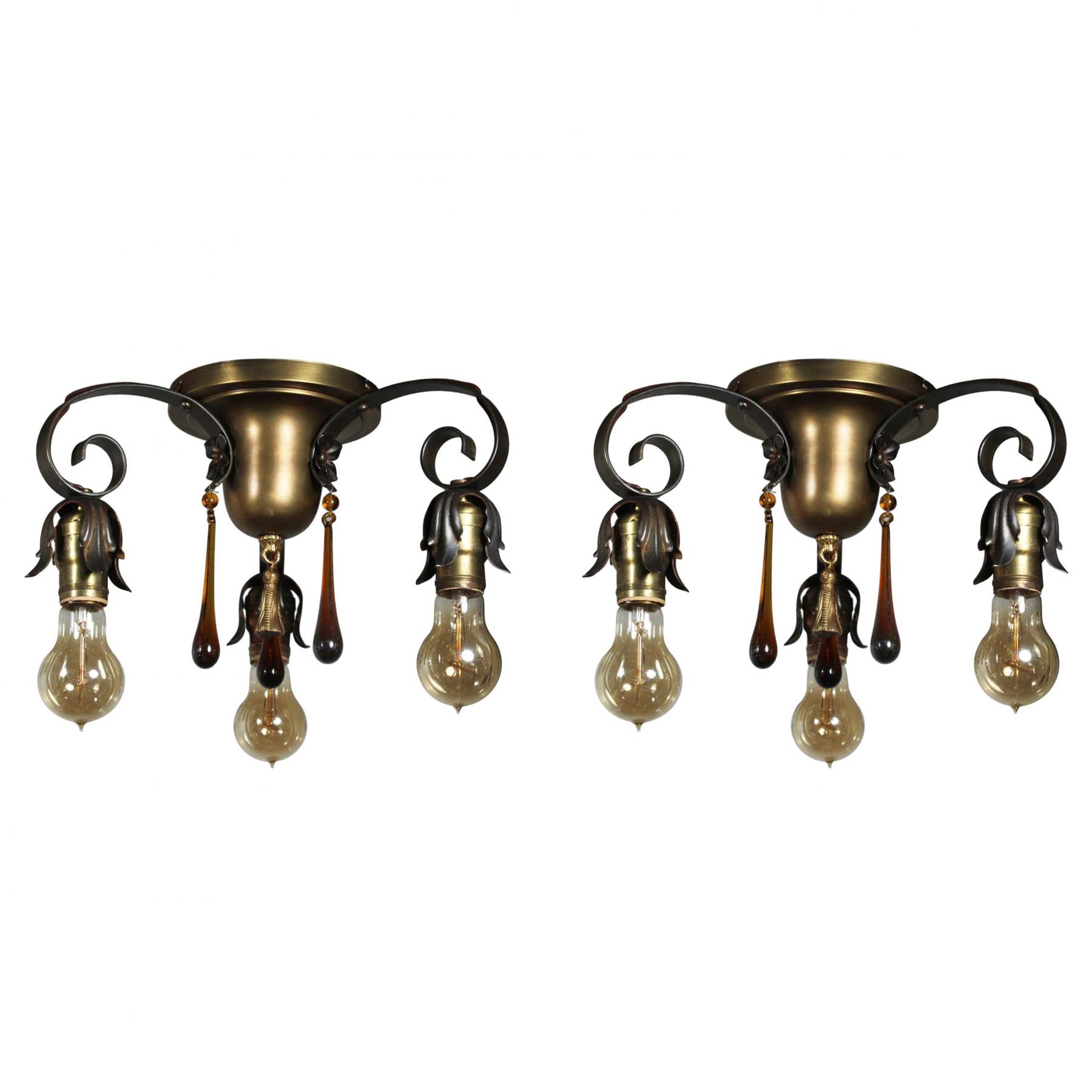 SOLD Antique Semi-Flush Lights with Amber Teardrop Prisms-0