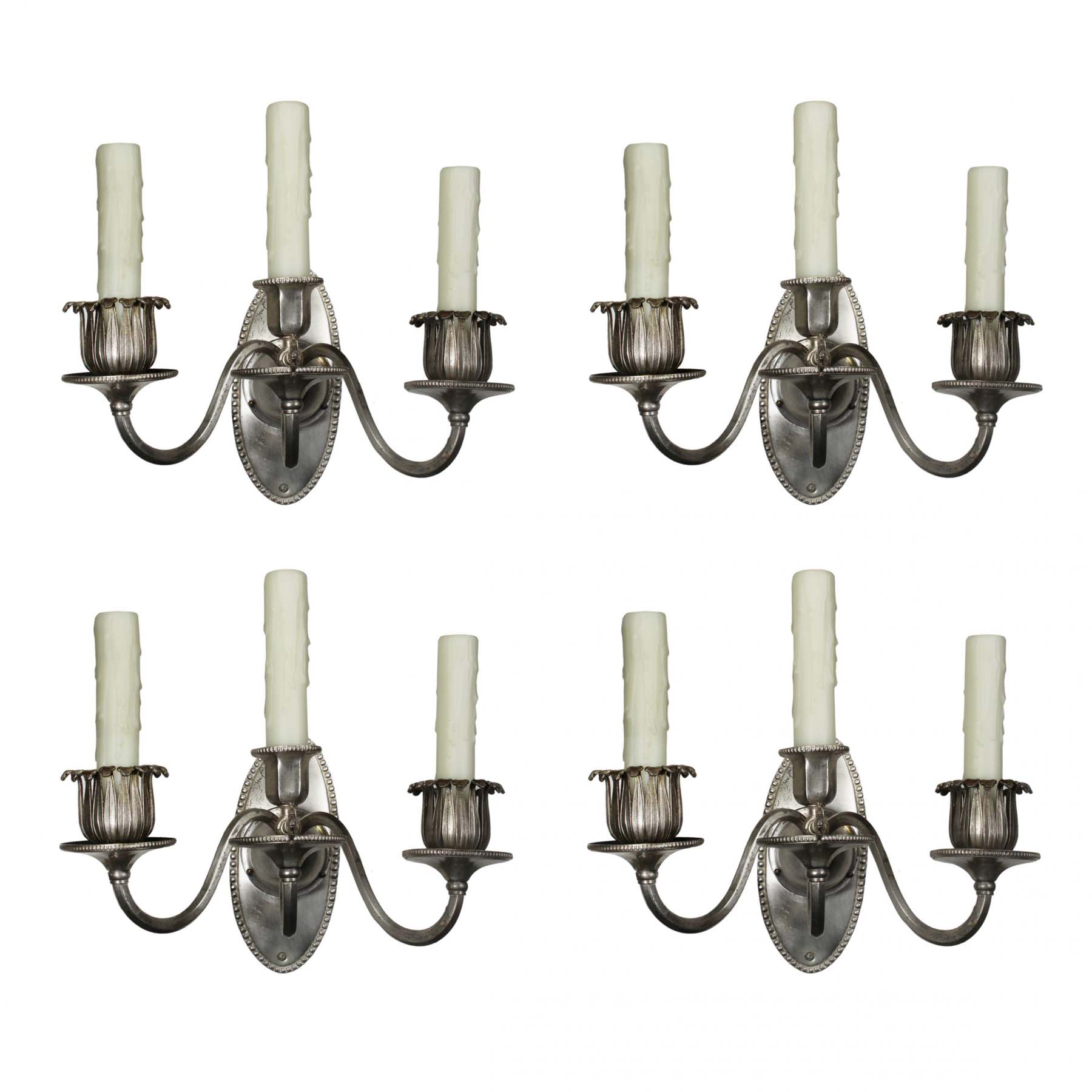 Matching Pairs of Antique Silver-Plated Three-Arm Sconces, c. 1905-0