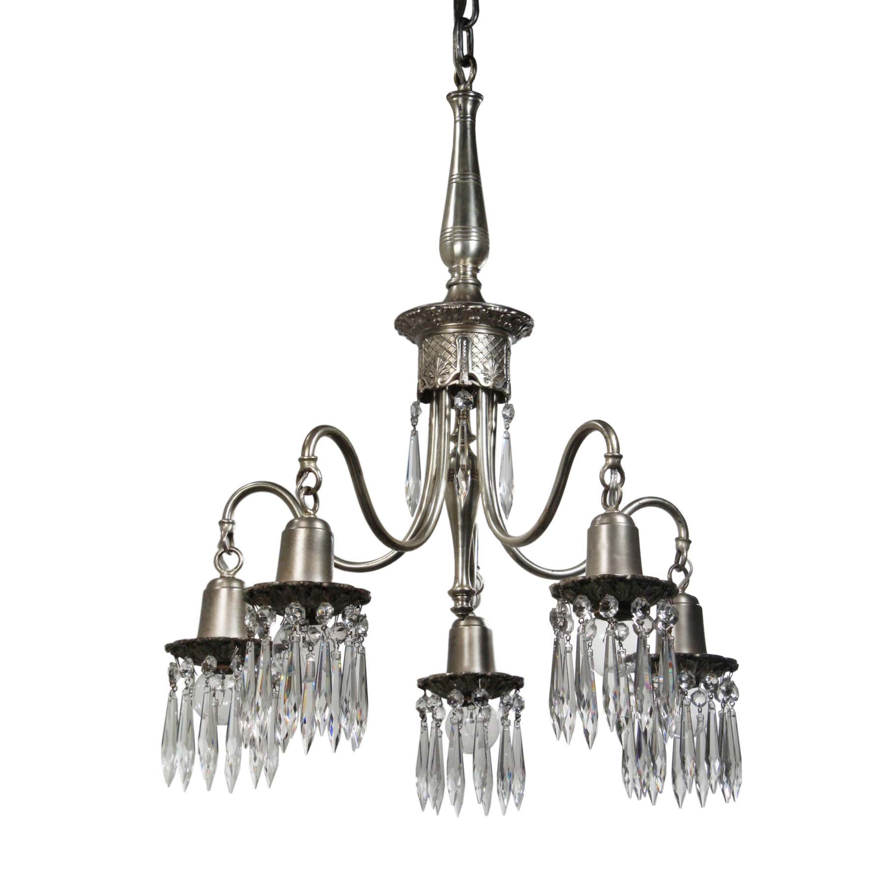 SOLD Antique Neoclassical Silver Plate Chandelier with Prisms, Star Chandelier Co. -0