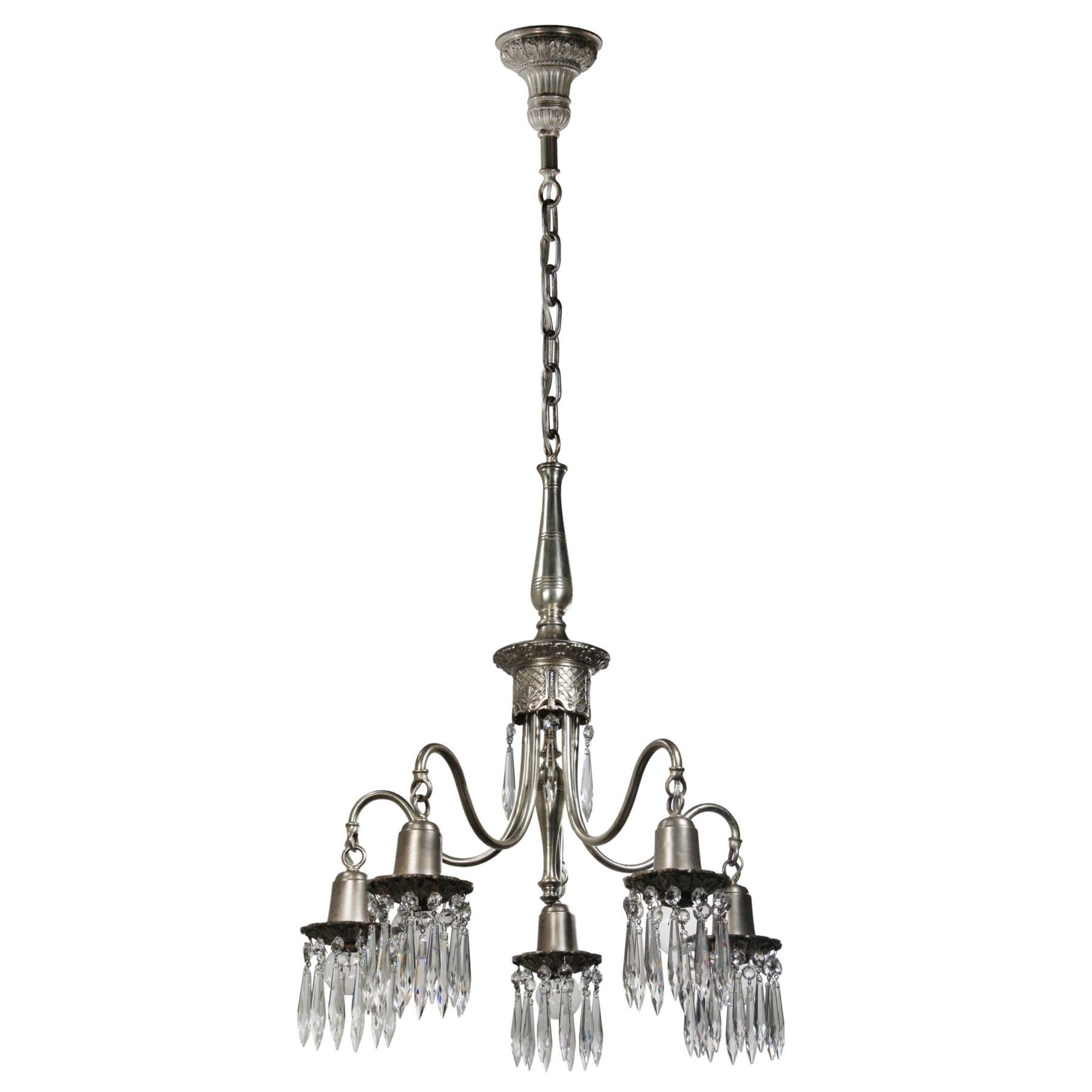SOLD Antique Neoclassical Silver Plate Chandelier with Prisms, Star Chandelier Co. -69065