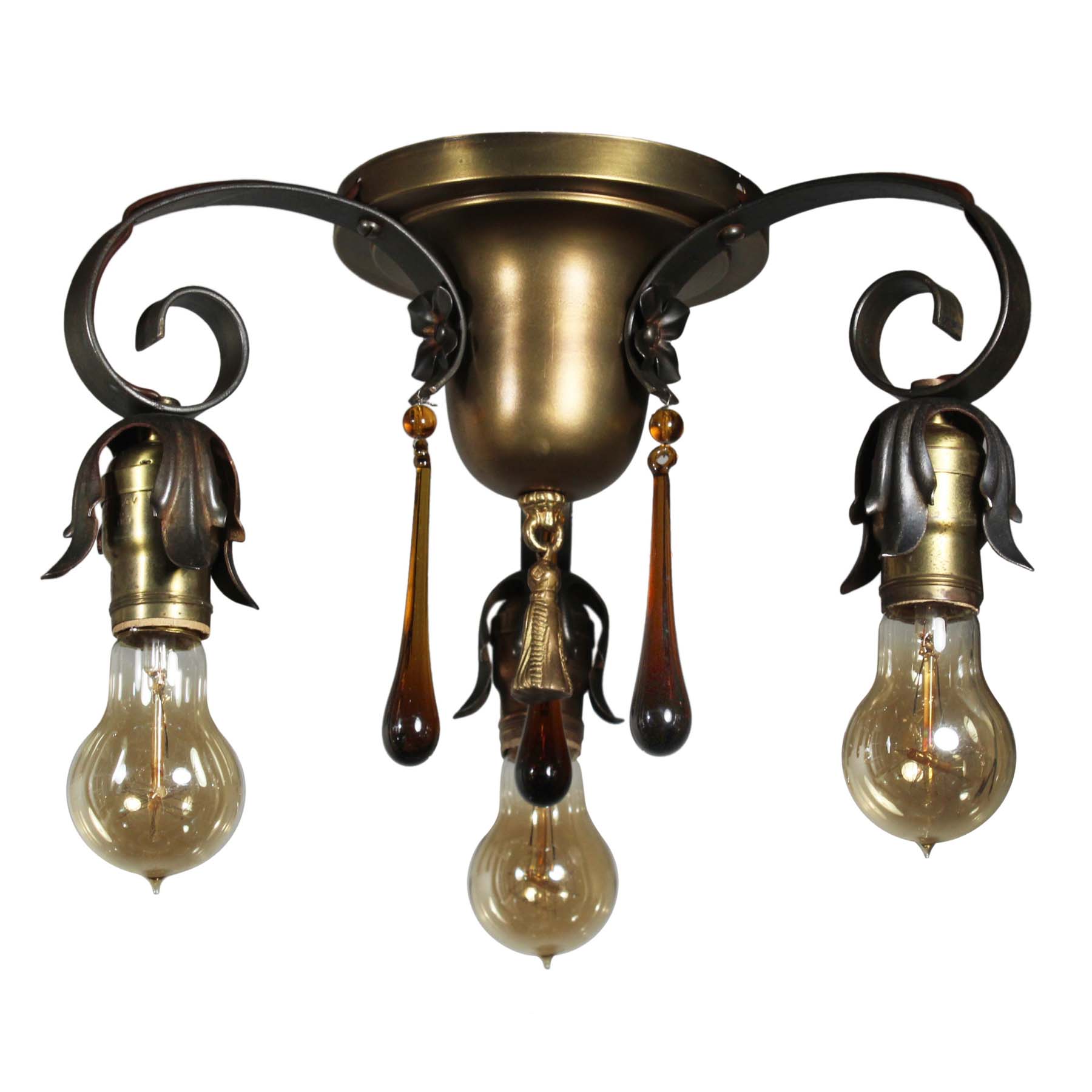 SOLD Antique Semi-Flush Lights with Amber Teardrop Prisms-69102