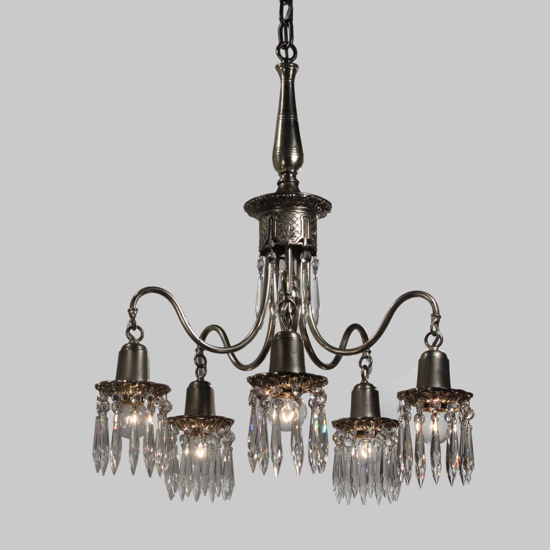 SOLD Antique Neoclassical Silver Plate Chandelier with Prisms, Star Chandelier Co. -69064