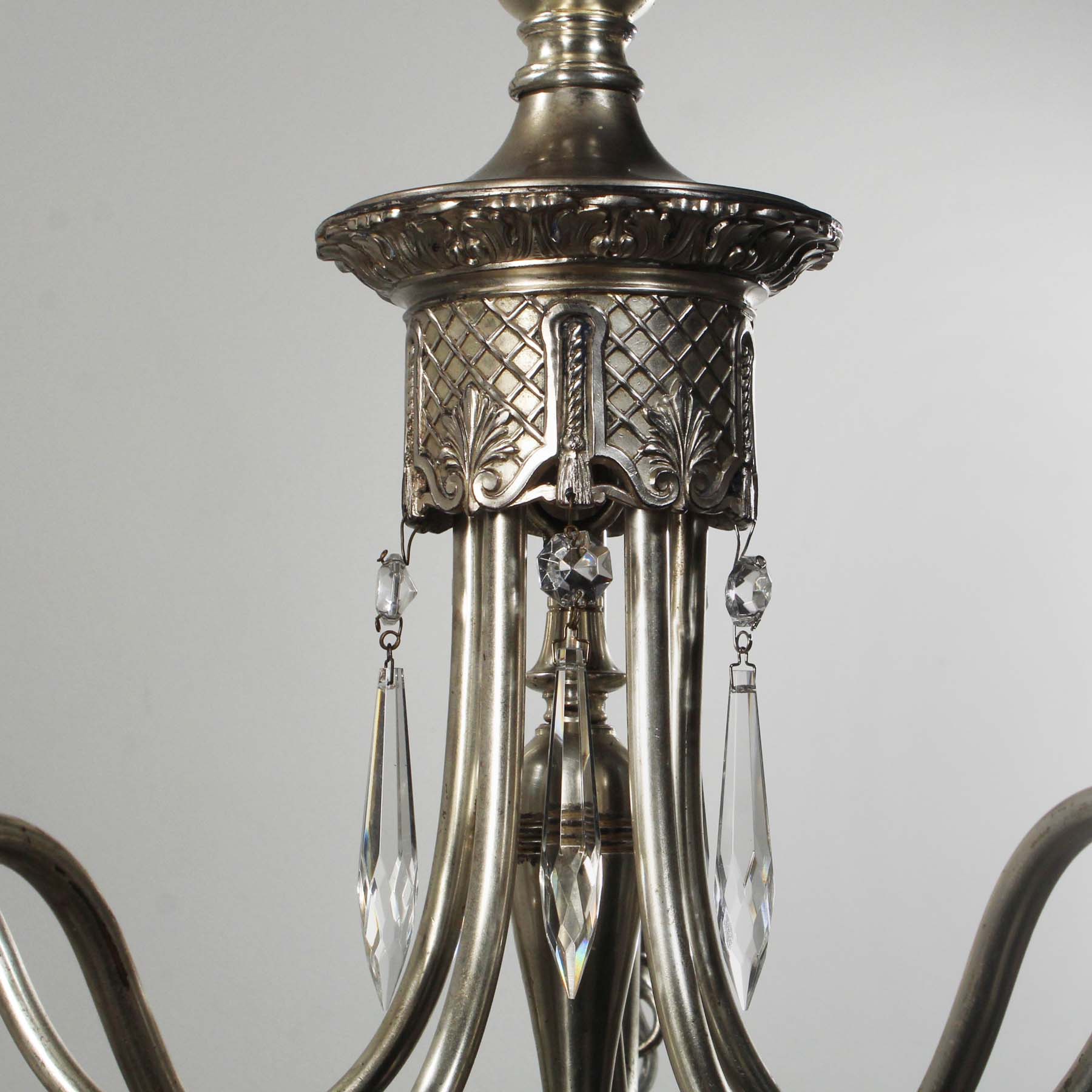 SOLD Antique Neoclassical Silver Plate Chandelier with Prisms, Star Chandelier Co. -69067