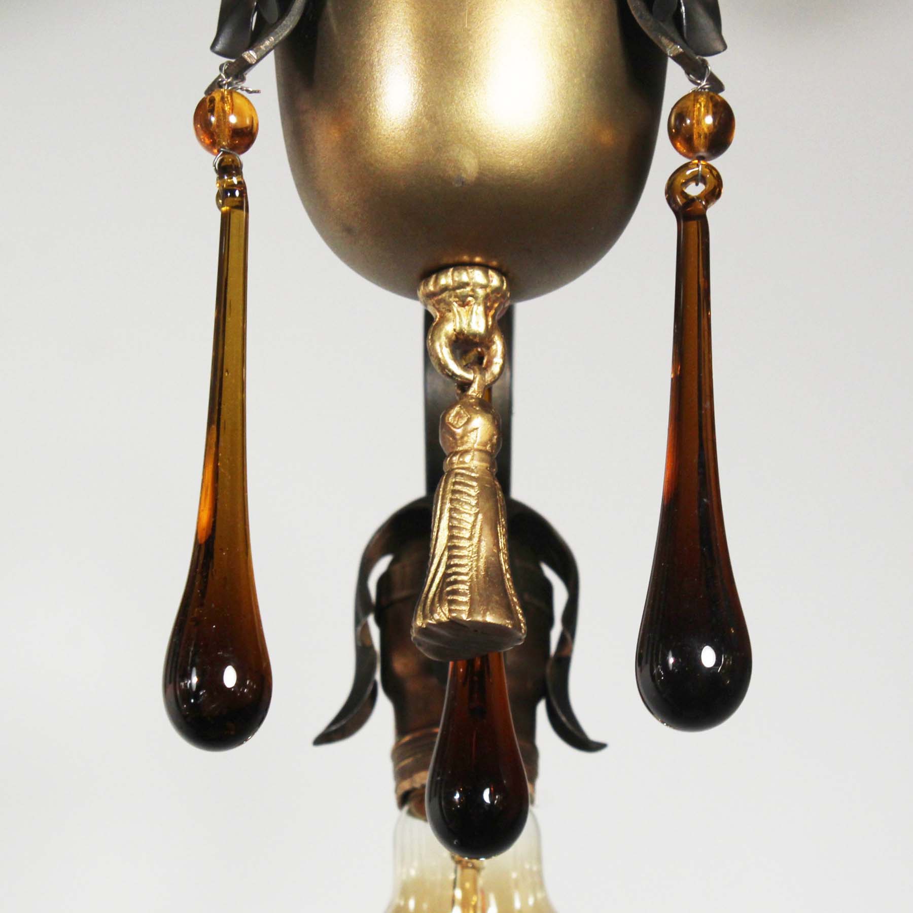 SOLD Antique Semi-Flush Lights with Amber Teardrop Prisms-69106