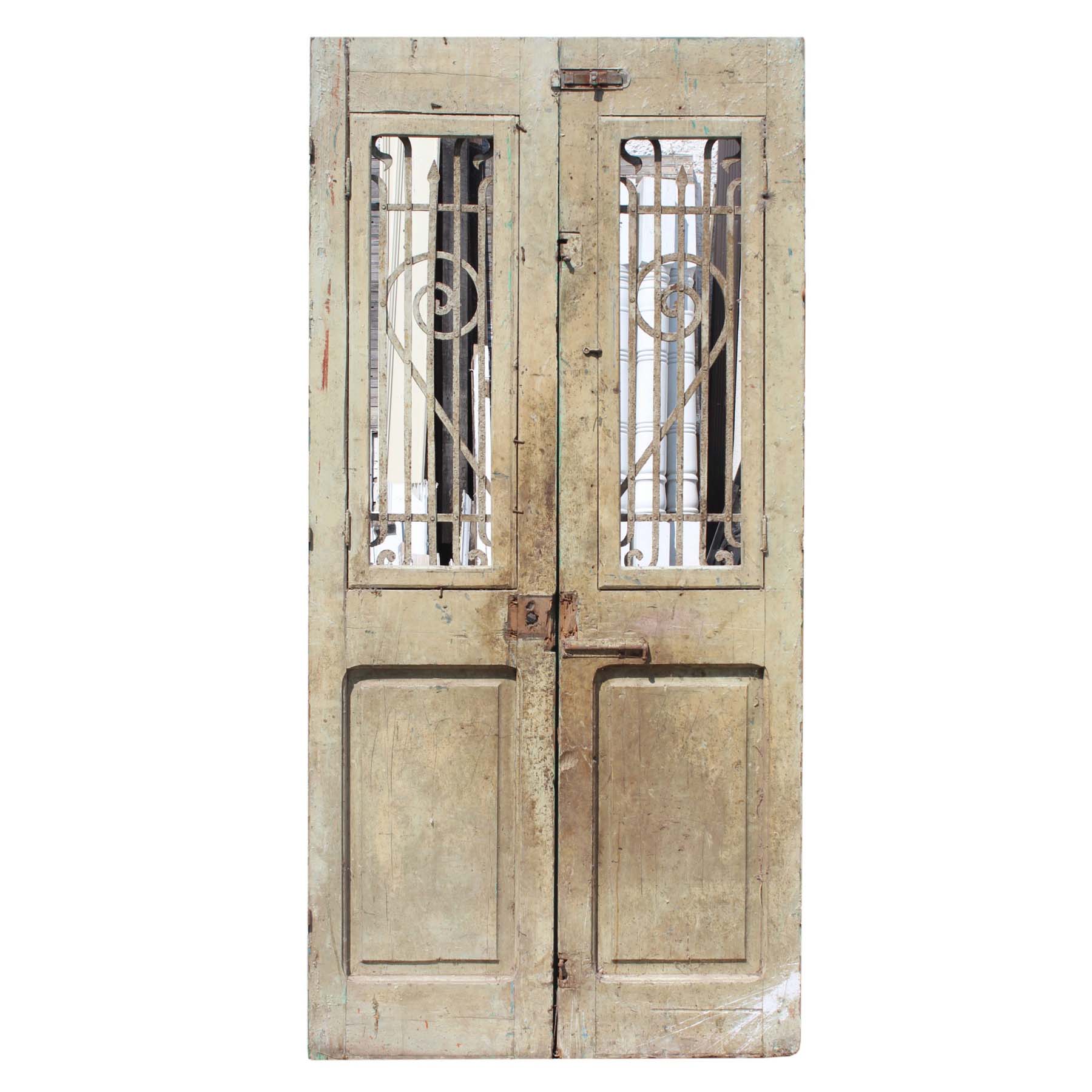 Pair of Antique 42” French Colonial Doors with Iron Inserts-69267