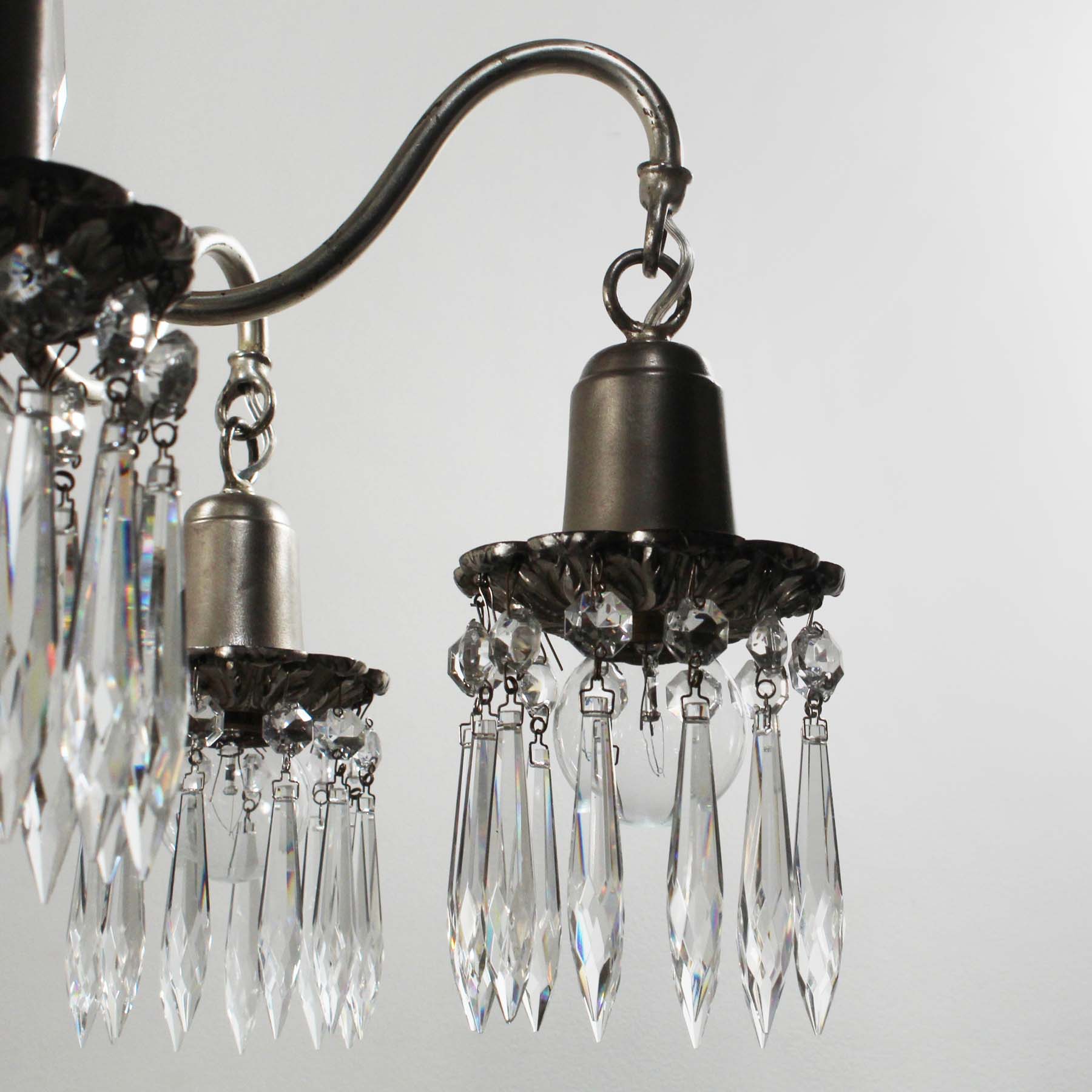SOLD Antique Neoclassical Silver Plate Chandelier with Prisms, Star Chandelier Co. -69069