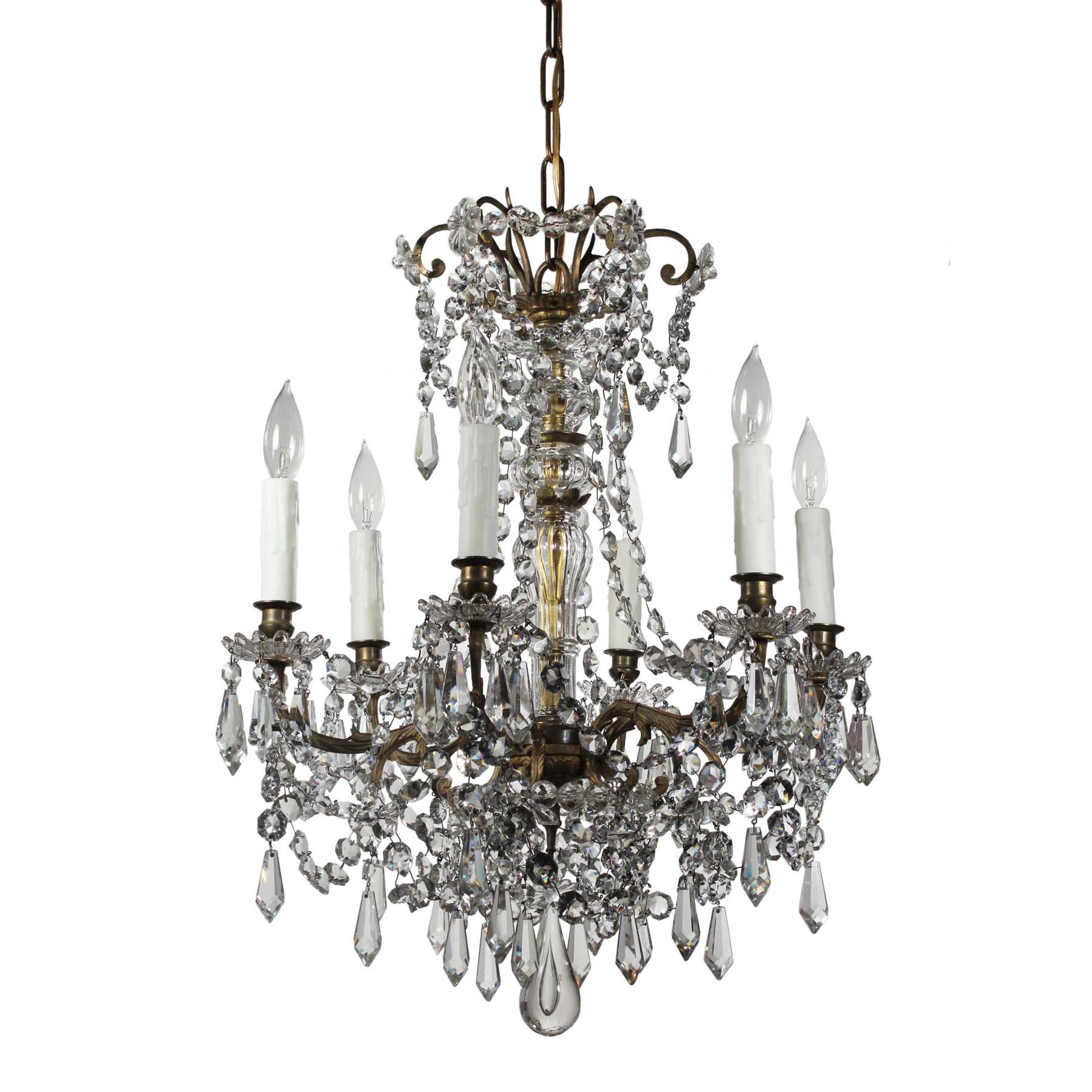 SOLD Antique Brass Neoclassical Chandelier with Prisms, c. 1910-0