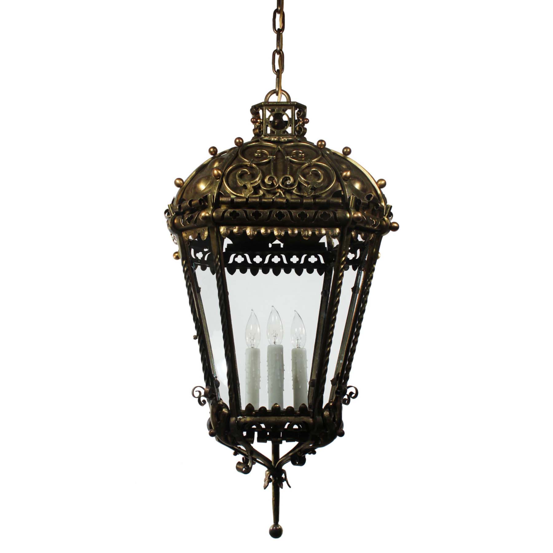 SOLD Substantial Antique Brass Three-Light Lantern Chandelier, Early 1900s-0