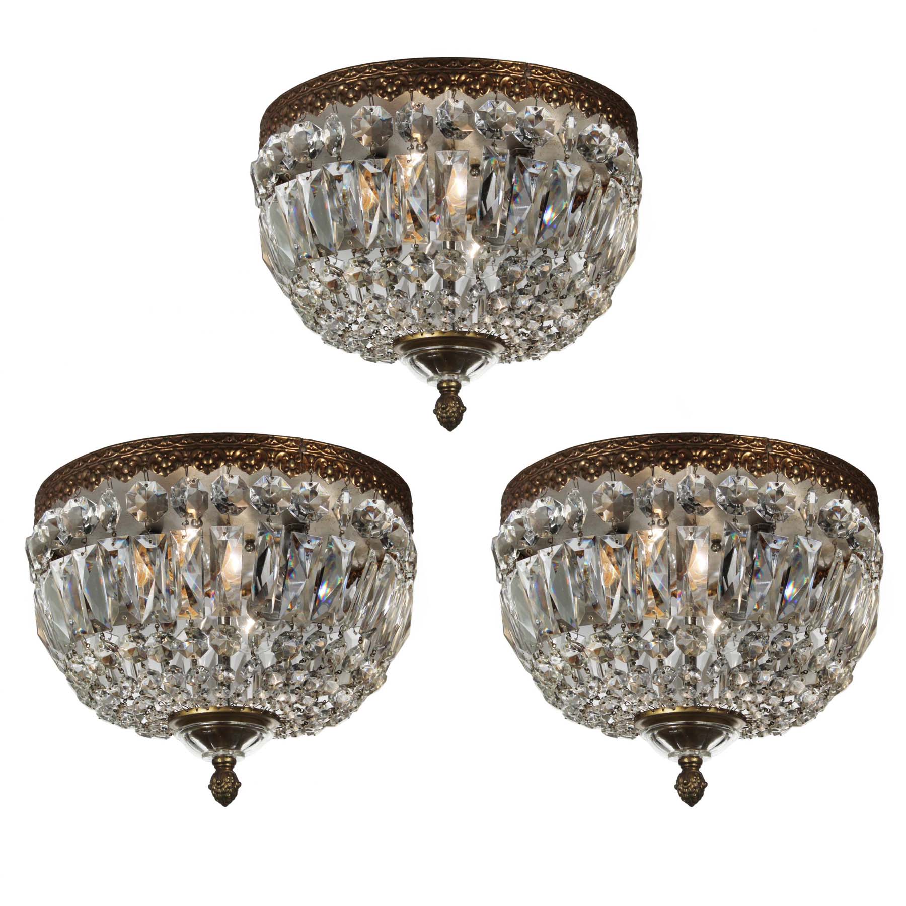 SOLD Antique Flush-Mount Beaded Basket Chandeliers with Prisms-0