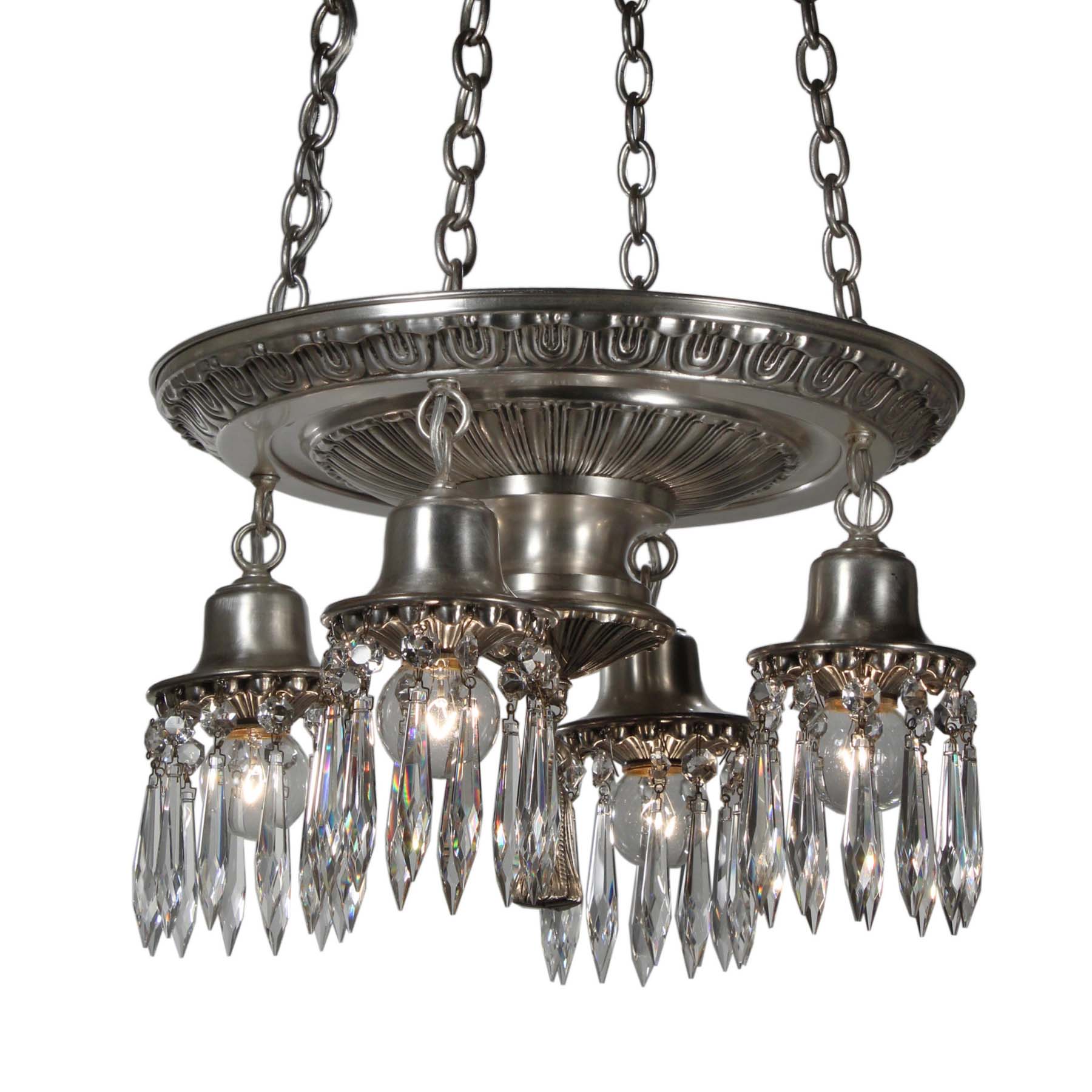 SOLD Neoclassical Silver Plated Chandelier with Prisms, Antique Lighting-0