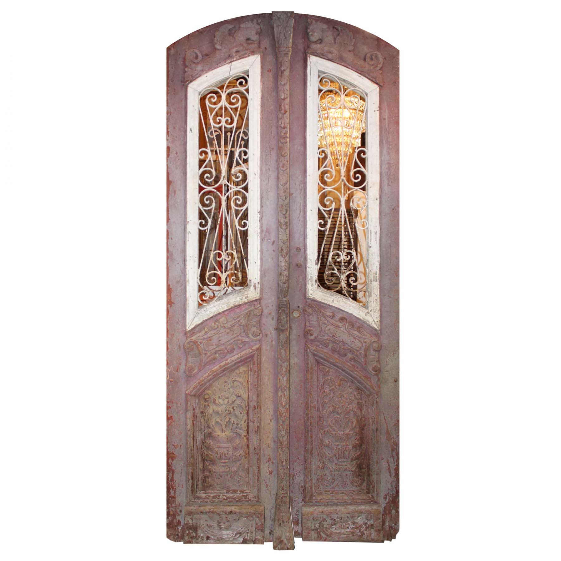SOLD Pair of Antique 48” Arched Figural Doors with Iron Inserts-0