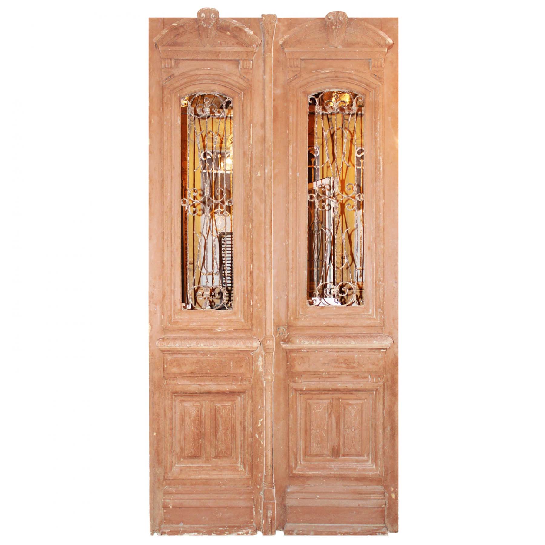 Large Pair of Antique 56” French Colonial Doors with Iron Inserts-0