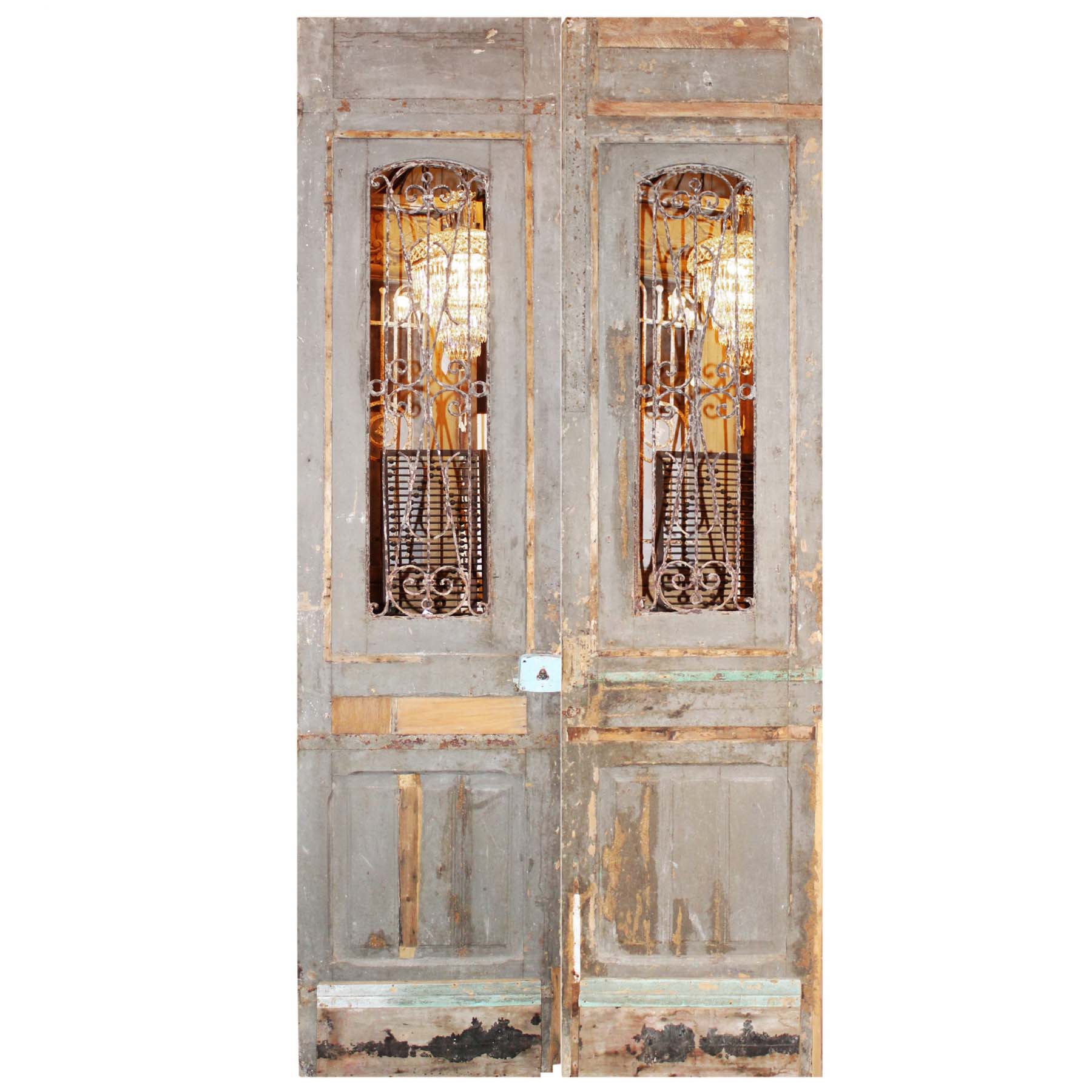 Large Pair of Antique 56” French Colonial Doors with Iron Inserts-69444