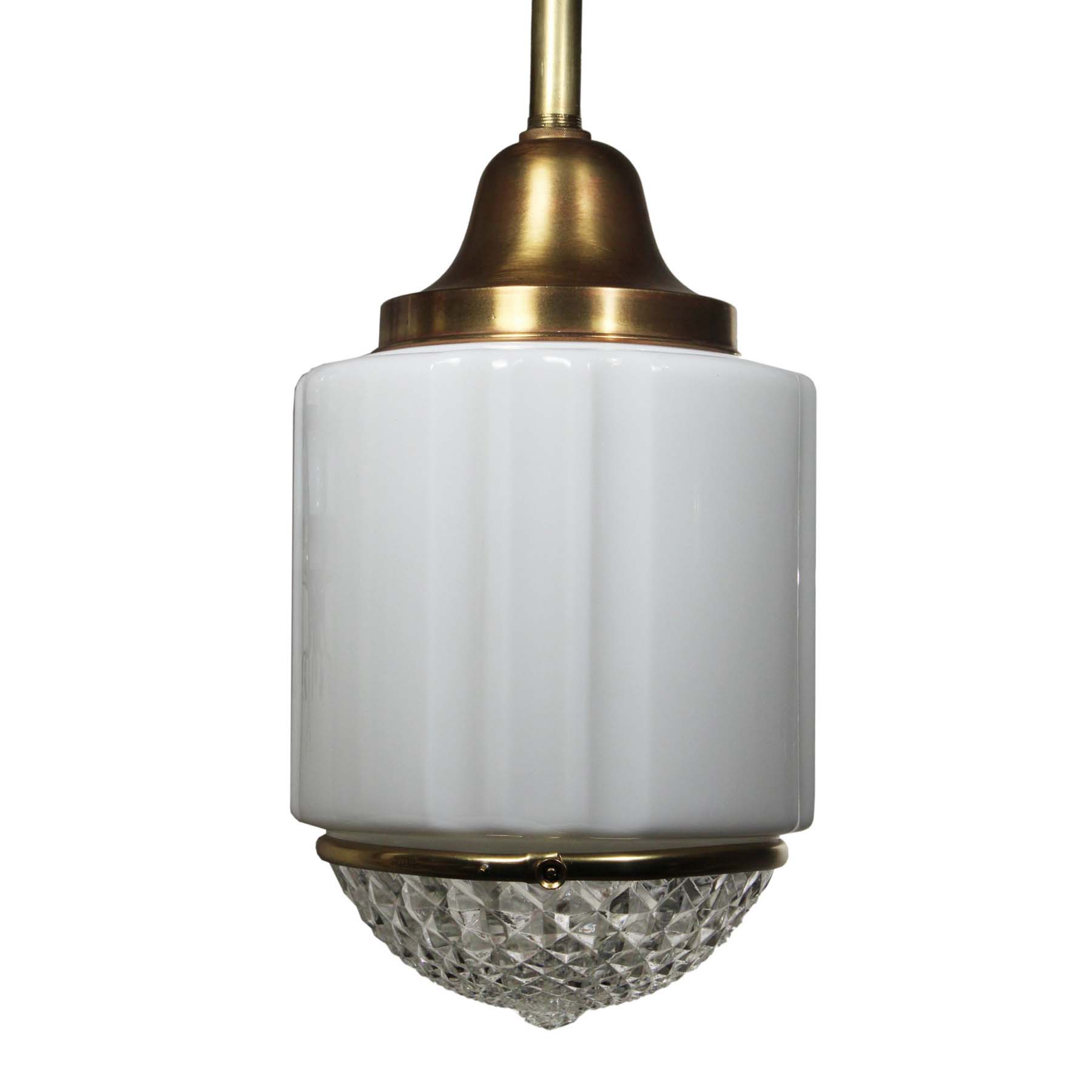 SOLD Antique Brass Art Deco Skyscraper Pendant Lights with Two-Part Prismatic Shade-0