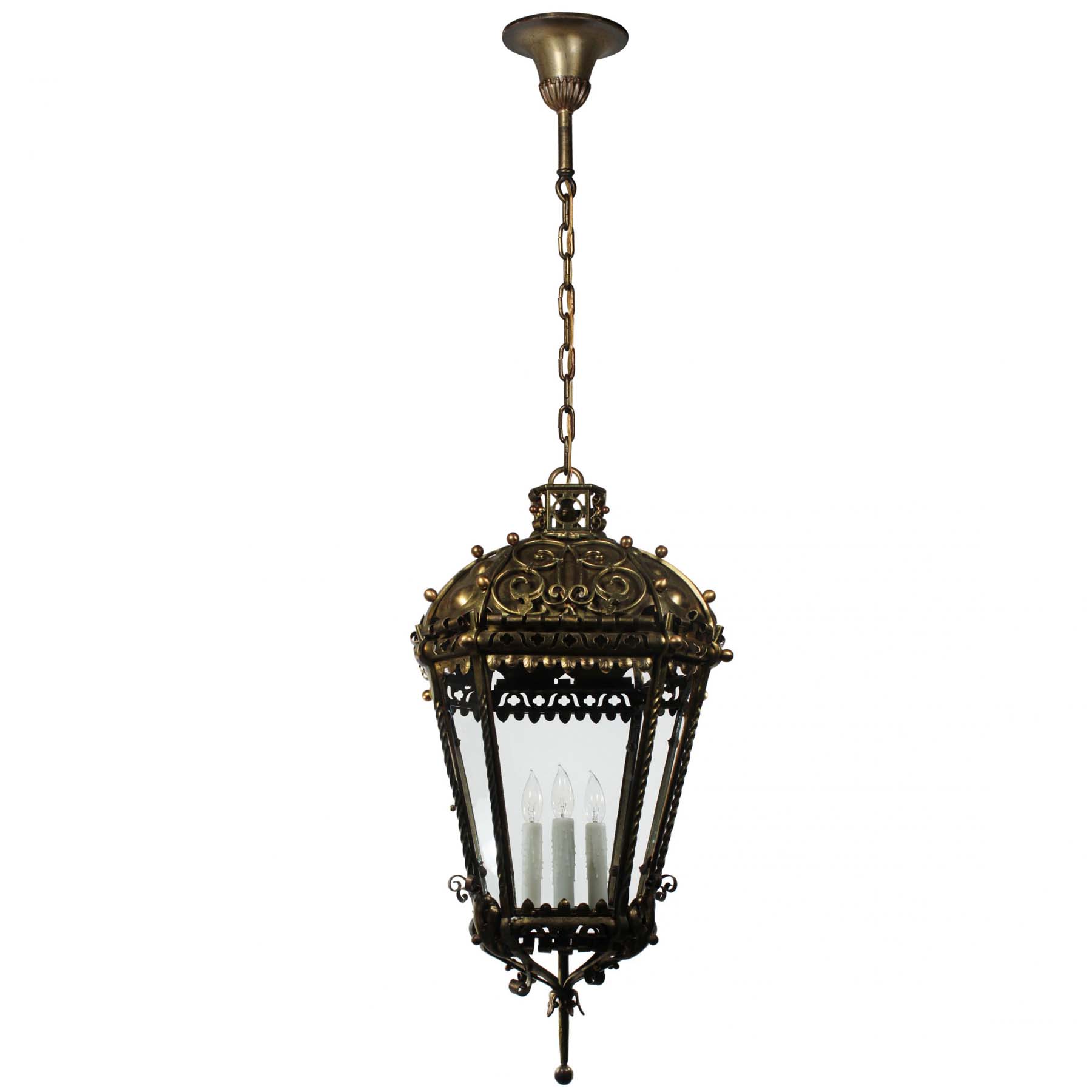 SOLD Substantial Antique Brass Three-Light Lantern Chandelier, Early 1900s-69659