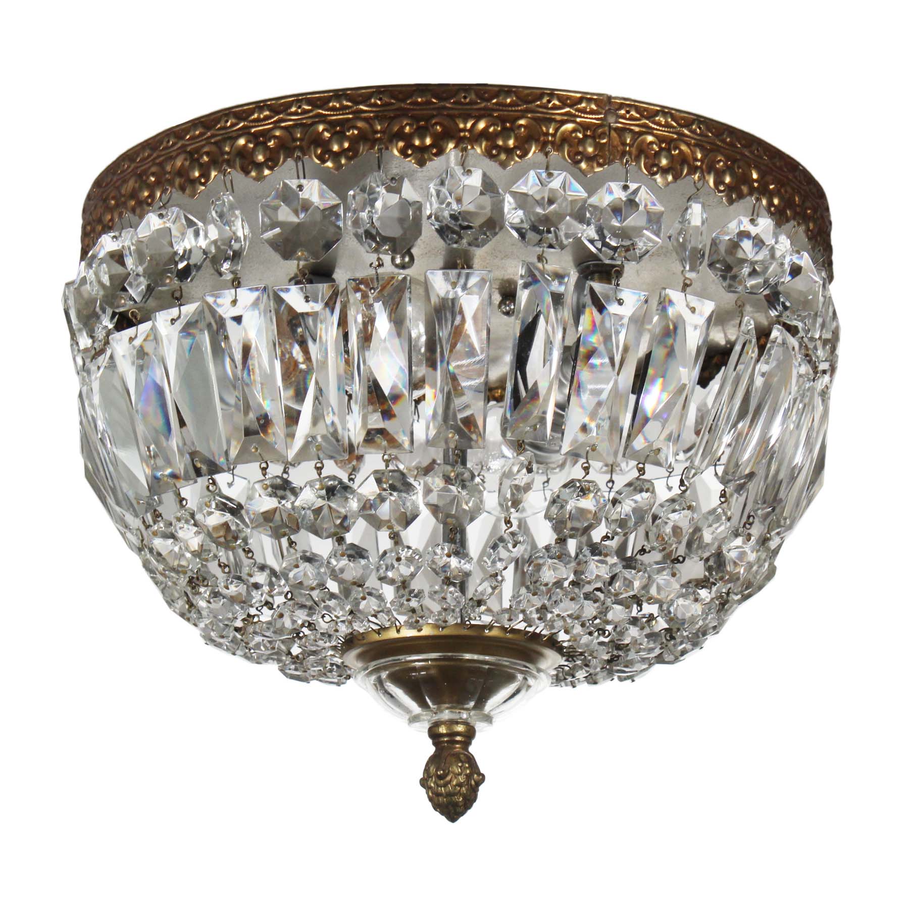 SOLD Antique Flush-Mount Beaded Basket Chandeliers with Prisms-69779