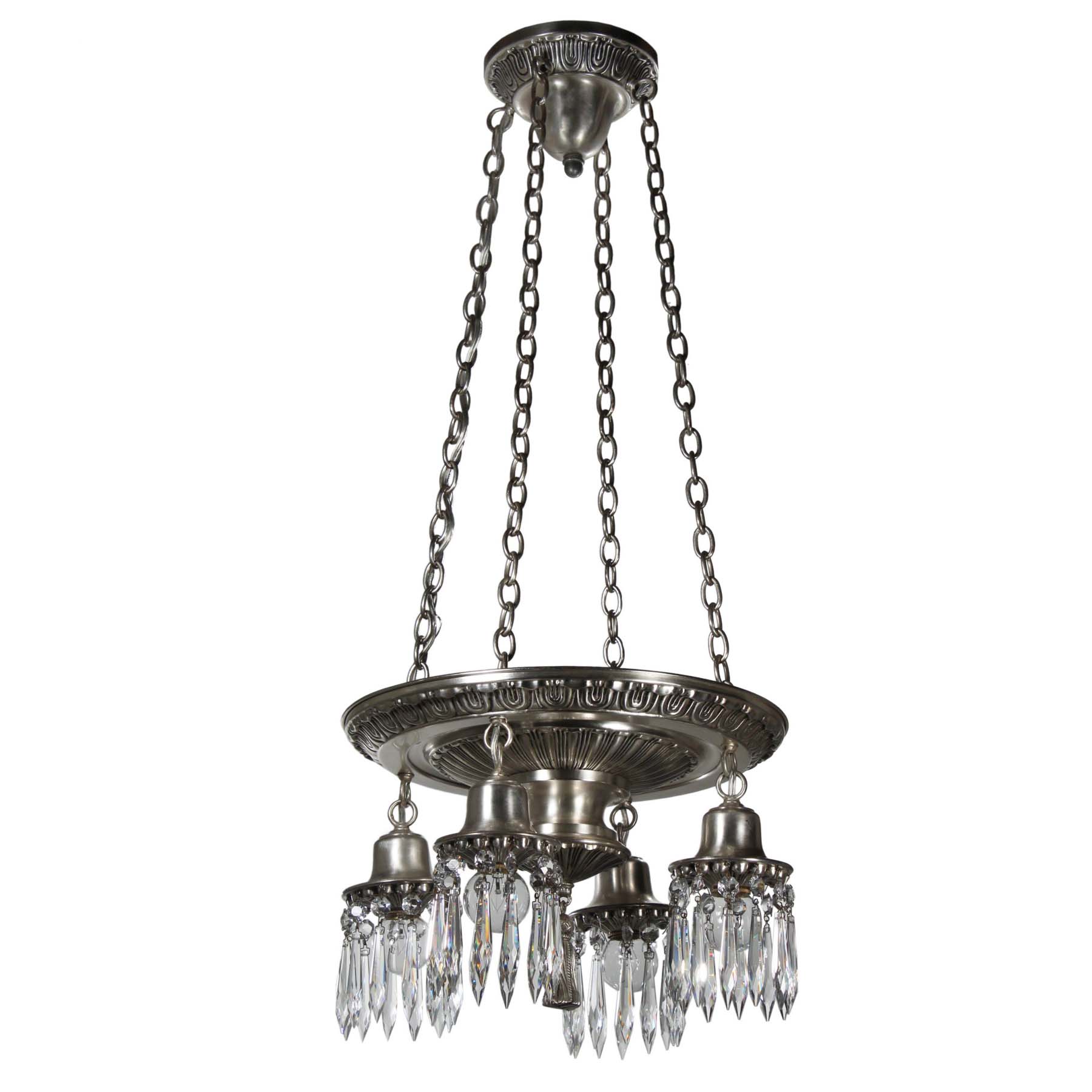 SOLD Neoclassical Silver Plated Chandelier with Prisms, Antique Lighting-69785