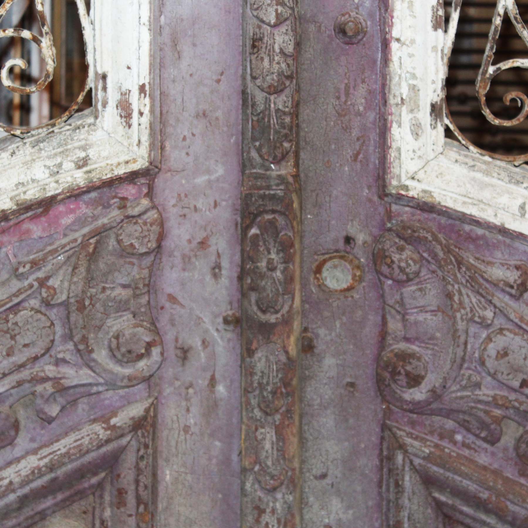 SOLD Pair of Antique 48” Arched Figural Doors with Iron Inserts-69439