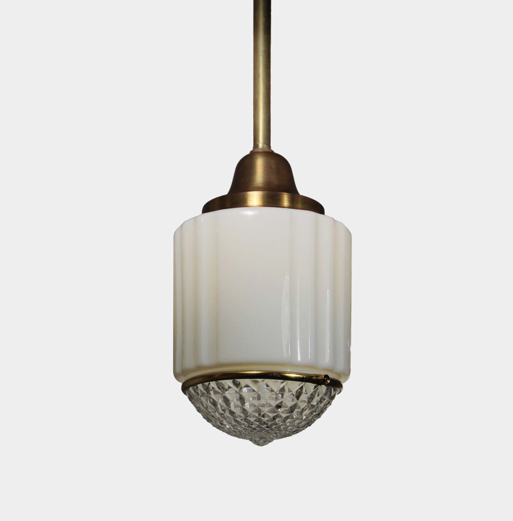 SOLD Antique Brass Art Deco Skyscraper Pendant Lights with Two-Part Prismatic Shade-69468