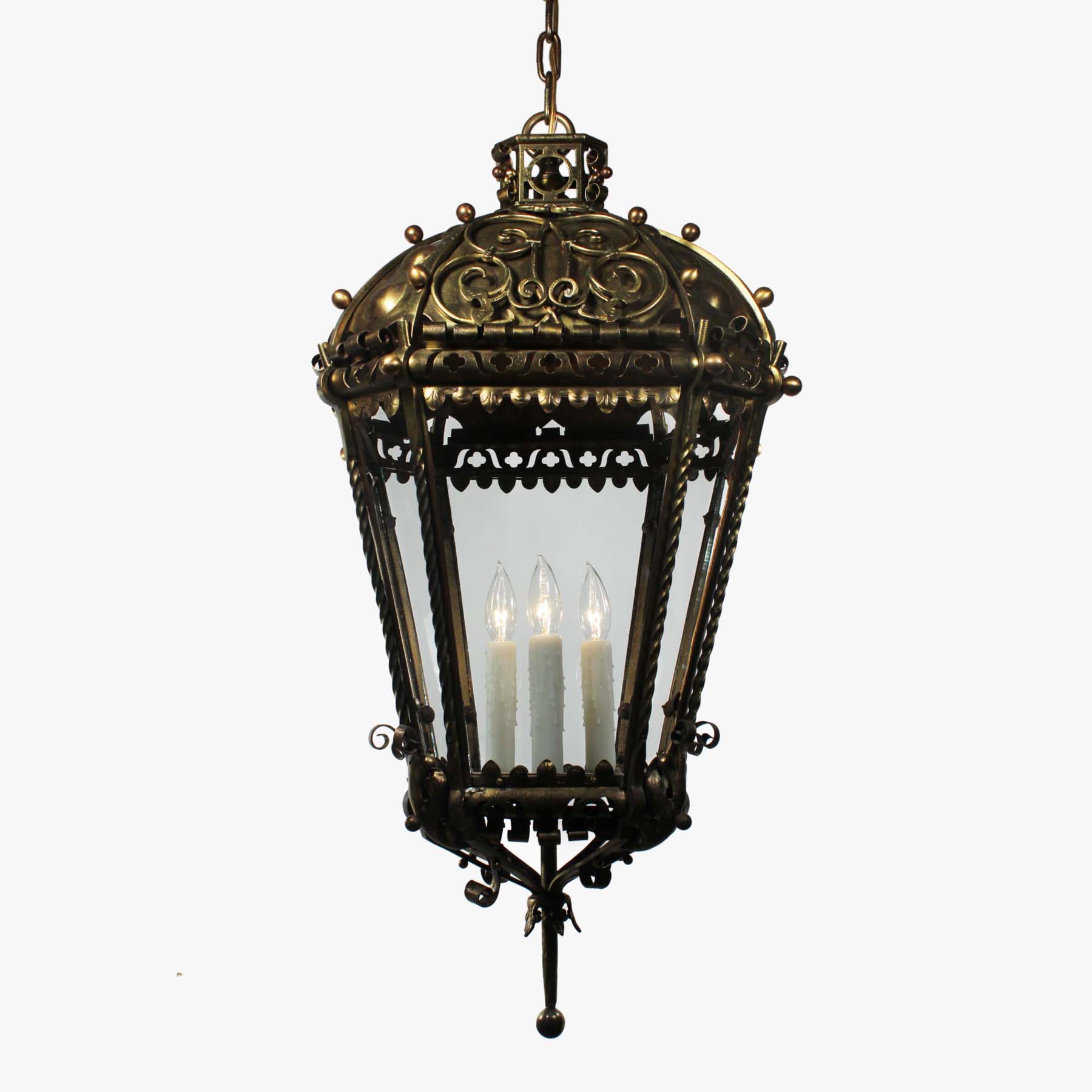 SOLD Substantial Antique Brass Three-Light Lantern Chandelier, Early 1900s-69661