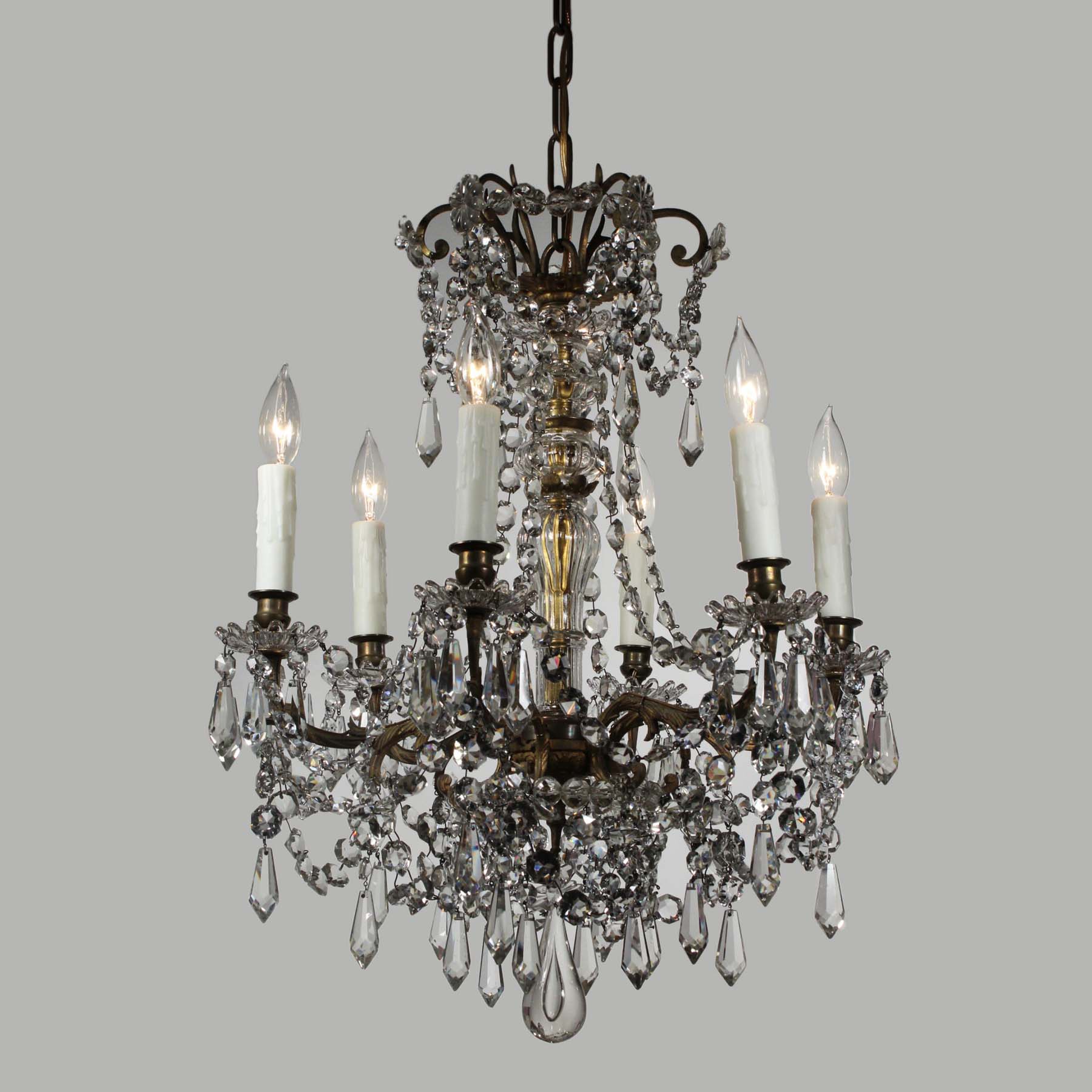 SOLD Antique Brass Neoclassical Chandelier with Prisms, c. 1910-69668