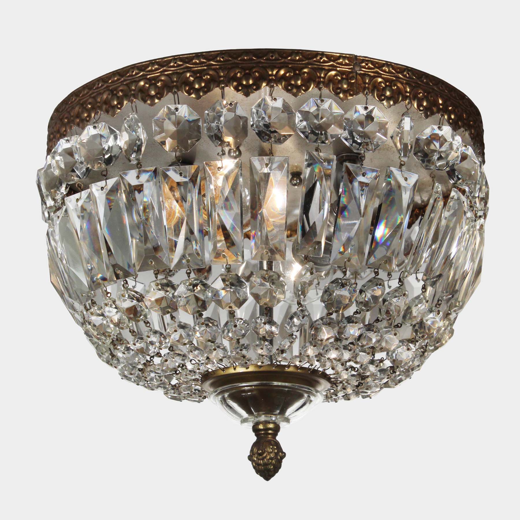SOLD Antique Flush-Mount Beaded Basket Chandeliers with Prisms-69780