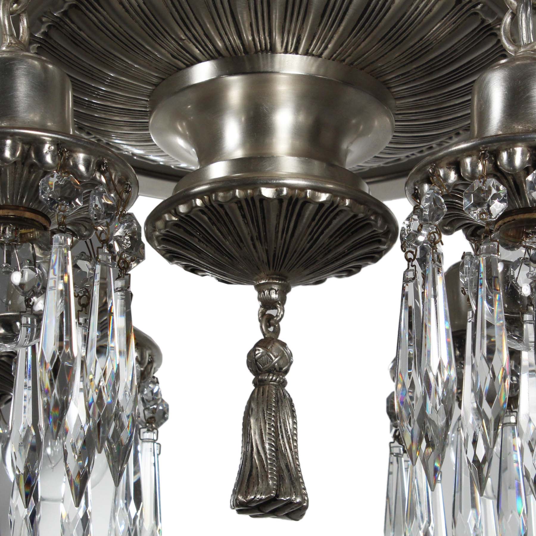 SOLD Neoclassical Silver Plated Chandelier with Prisms, Antique Lighting-69786