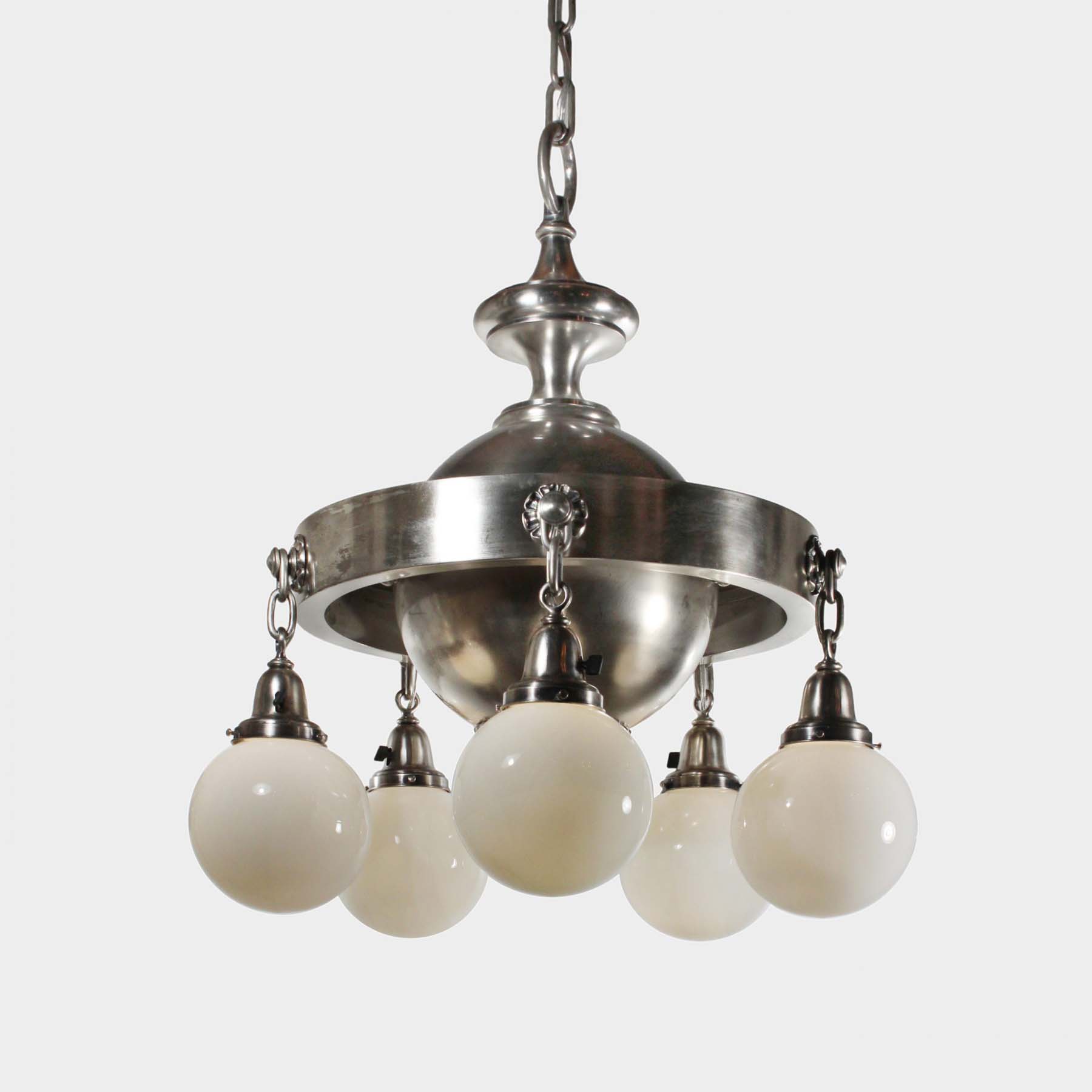 SOLD Substantial Antique Silver Plated Chandelier with Ball Shades-69822