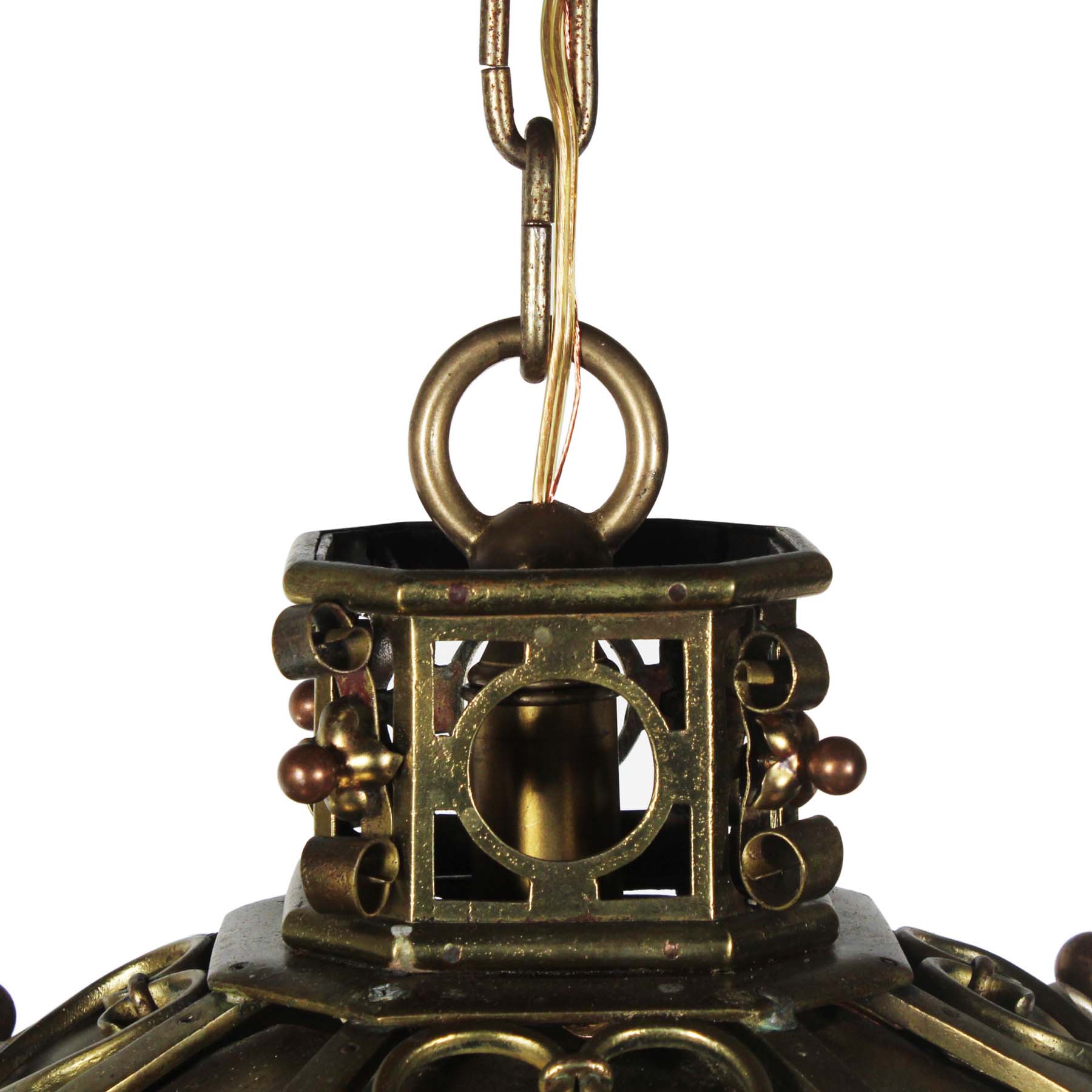 SOLD Substantial Antique Brass Three-Light Lantern Chandelier, Early 1900s-69660