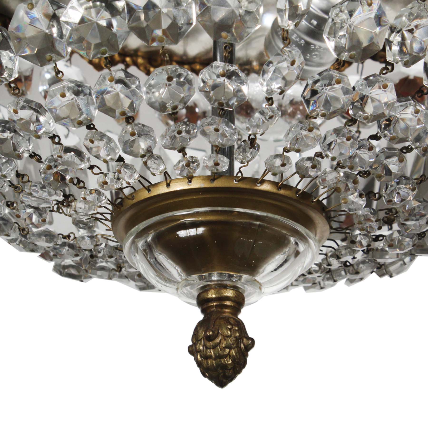 SOLD Antique Flush-Mount Beaded Basket Chandeliers with Prisms-69783
