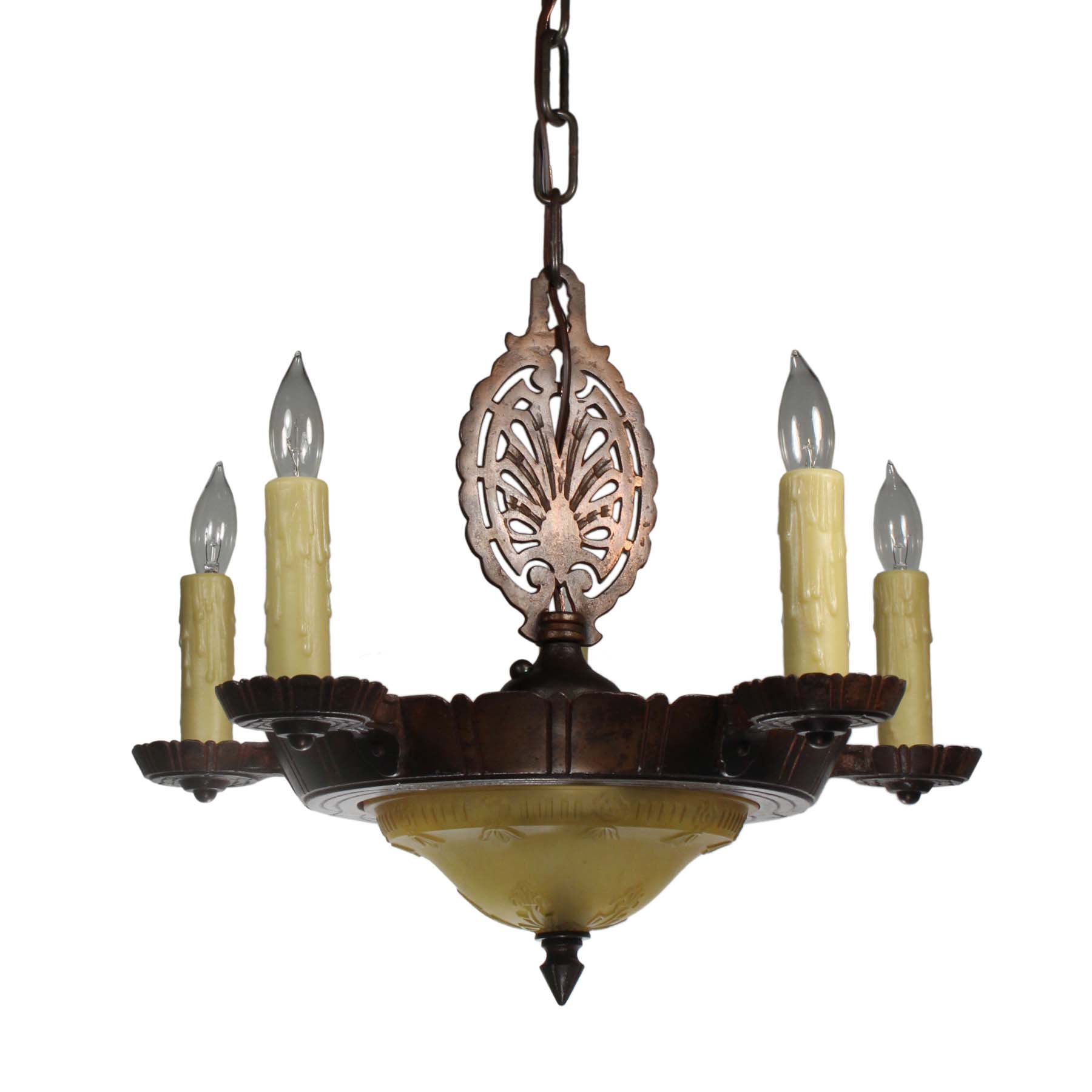 SOLD Antique Cast Iron Chandelier with Glass Shade-0