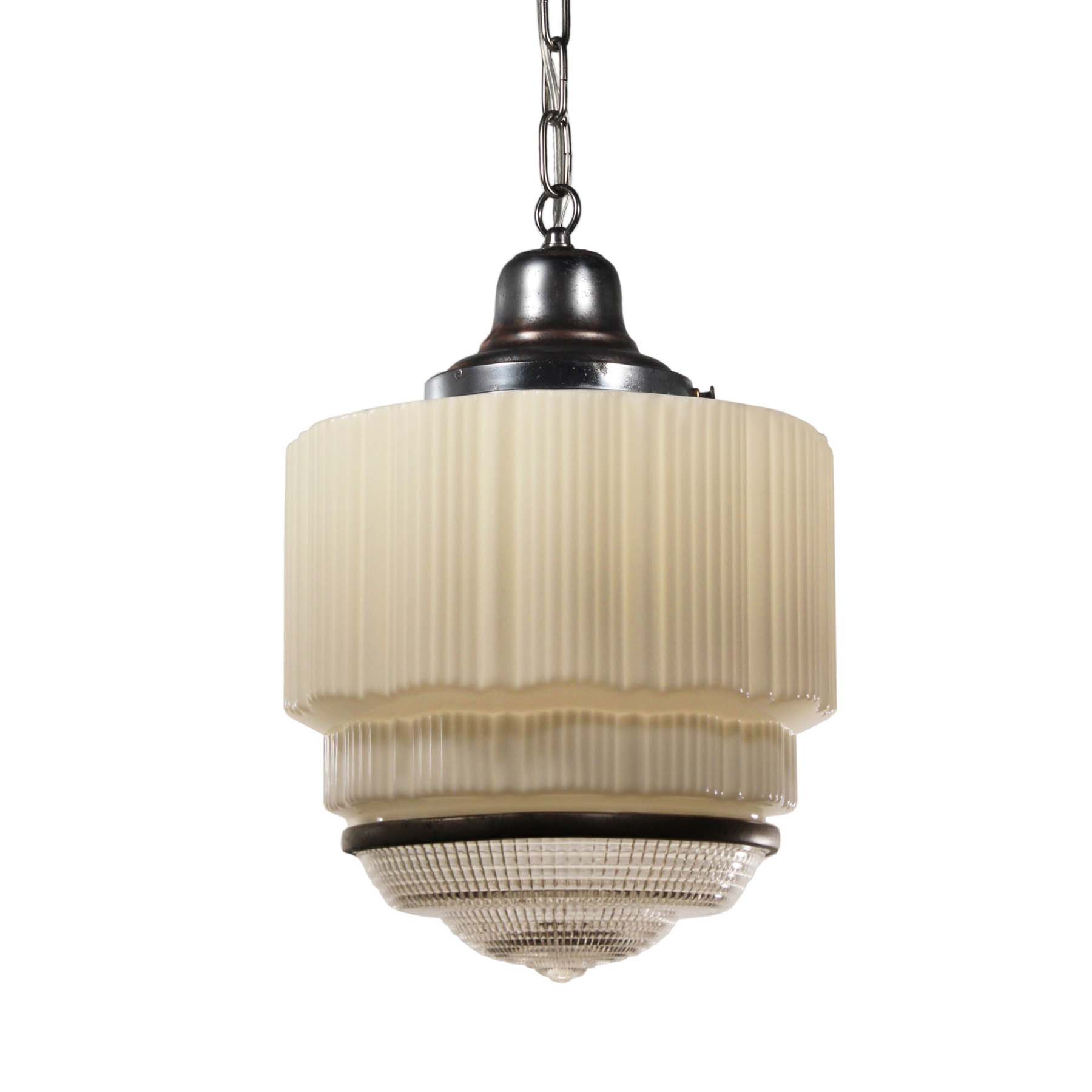 SOLD Large Antique Art Deco Skyscraper Pendant Light with Two-Part Prismatic Shade-0