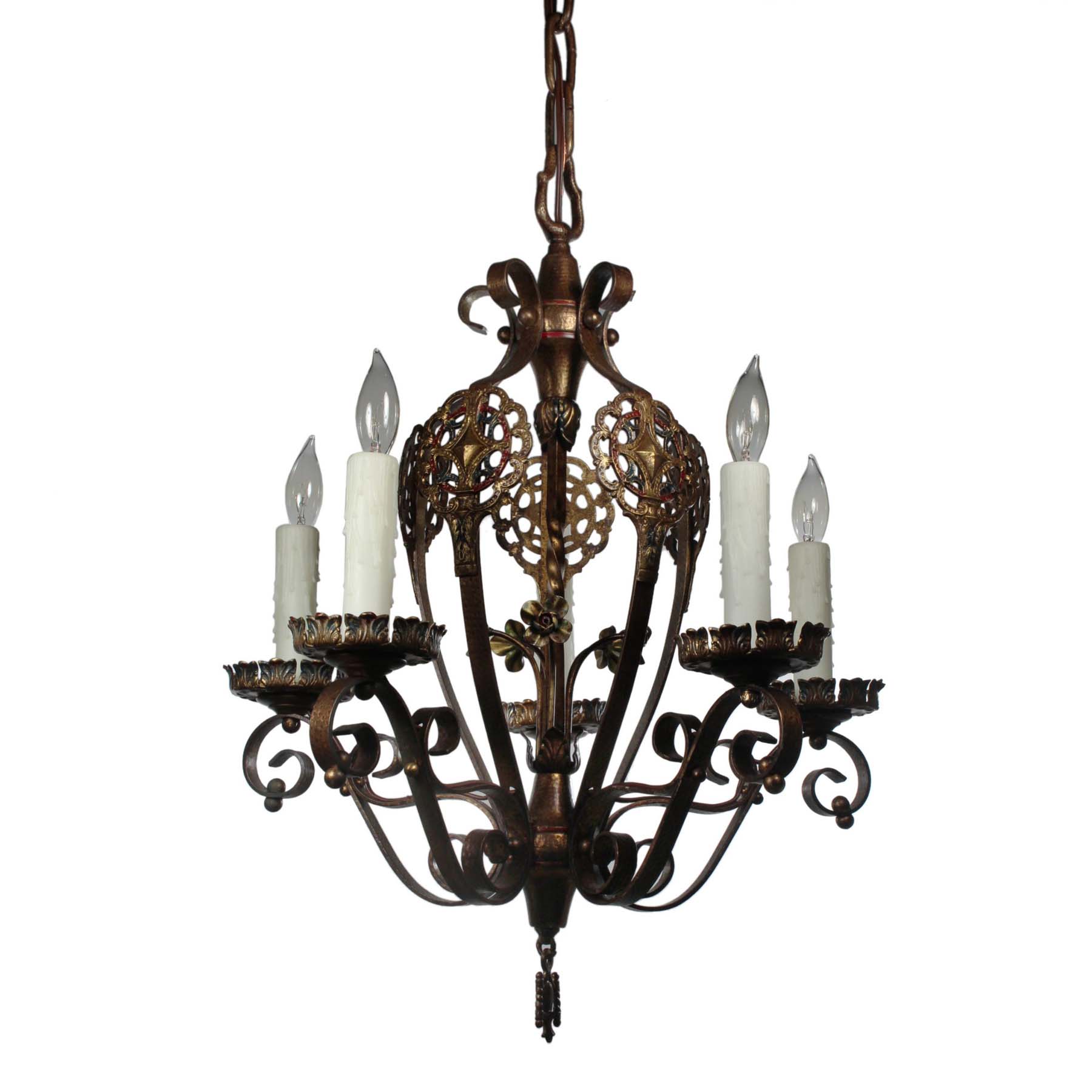 SOLD Antique Bronze Spanish Revival Five-Light Chandelier -0