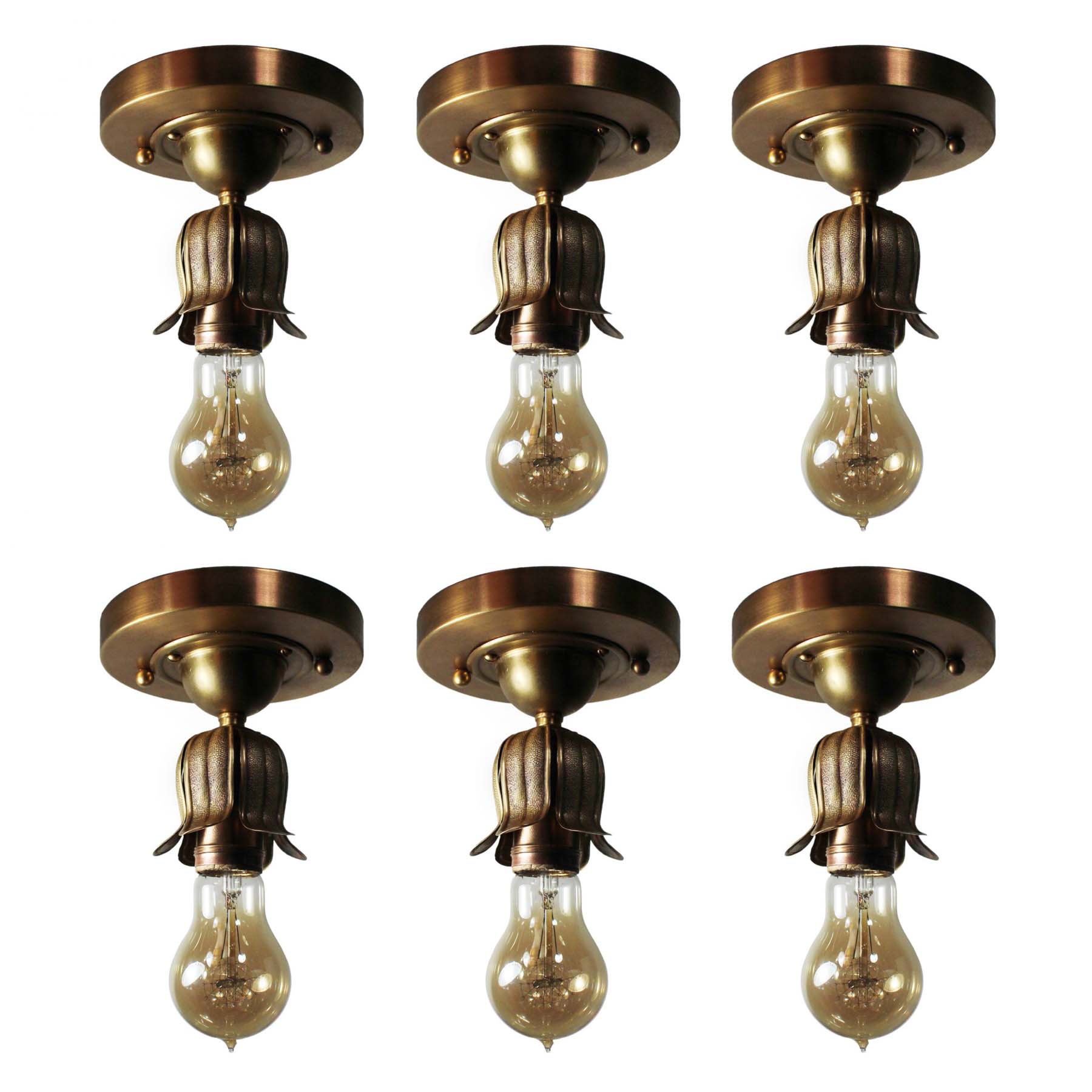 SOLD Brass Flush-Mount Lights with Exposed Bulbs, Antique Lighting-0