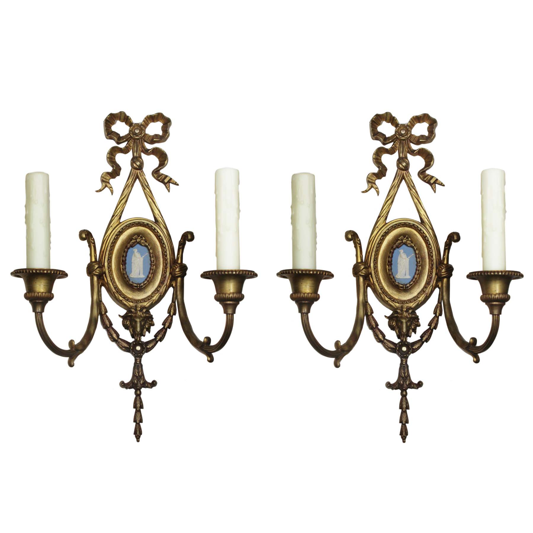 Pair of Antique Gilded Bronze Figural Sconces with Wedgwood Plaques, Early 1900’s-0