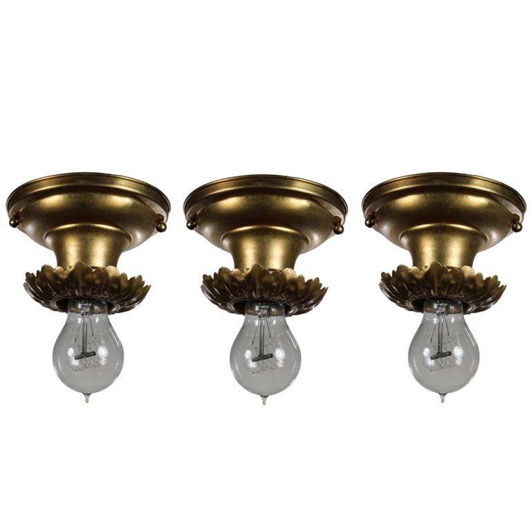 SOLD Antique Brass Flush-Mount Lights with Exposed Bulbs -0