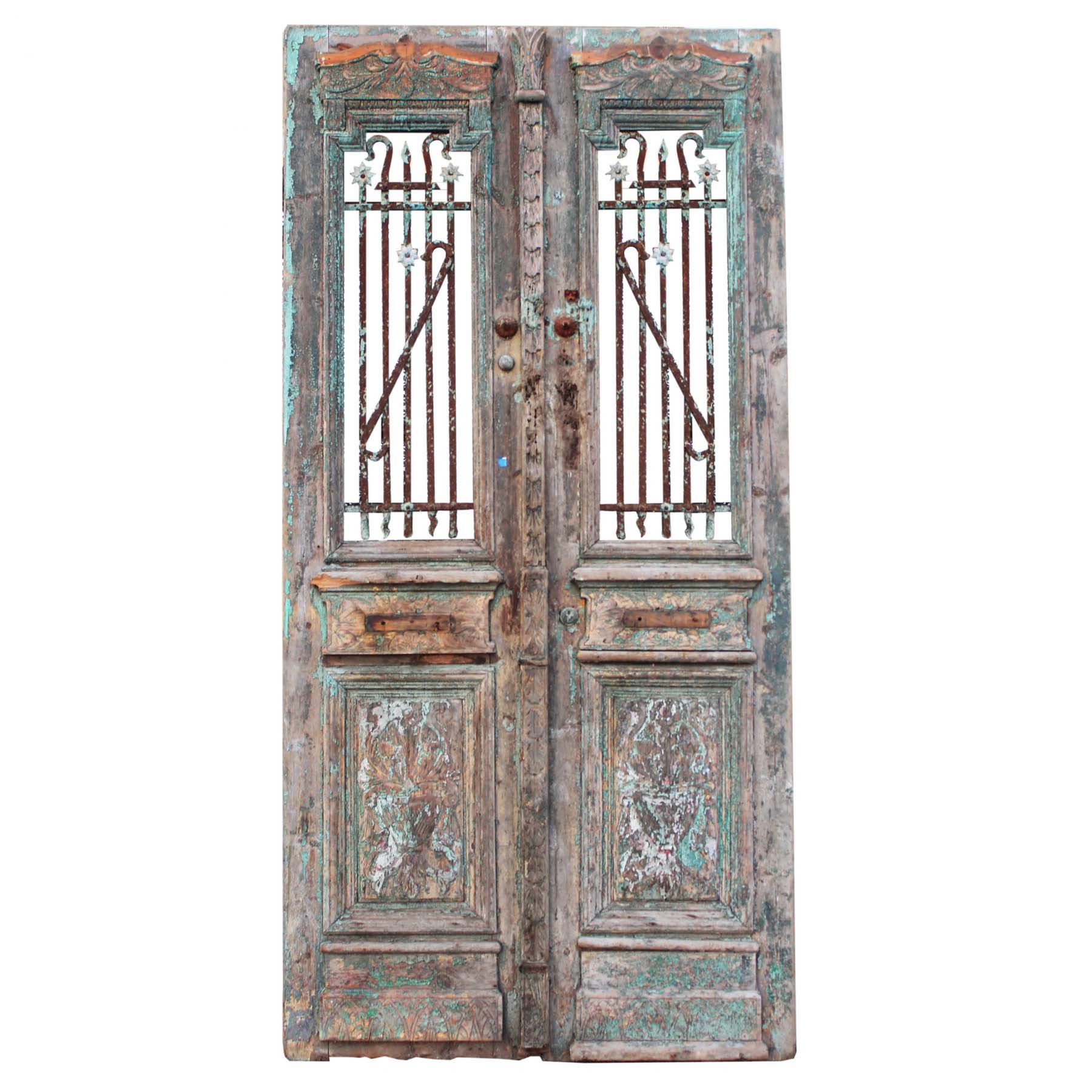 SOLD Salvaged Pair of Antique 48” French Colonial Doors with Iron Inserts-0