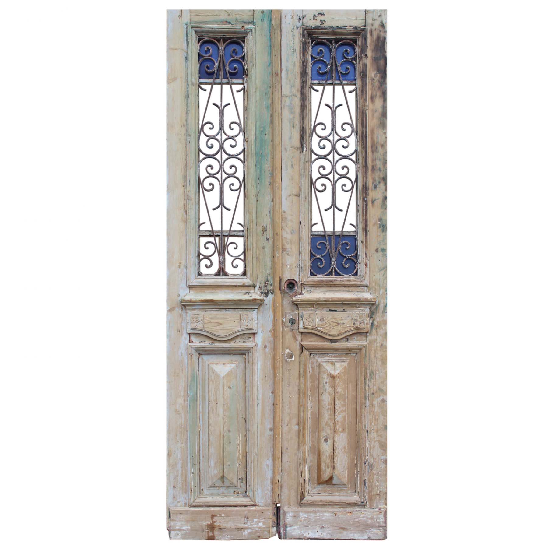 Antique Pair of 40” French Colonial Doors with Iron Inserts-0