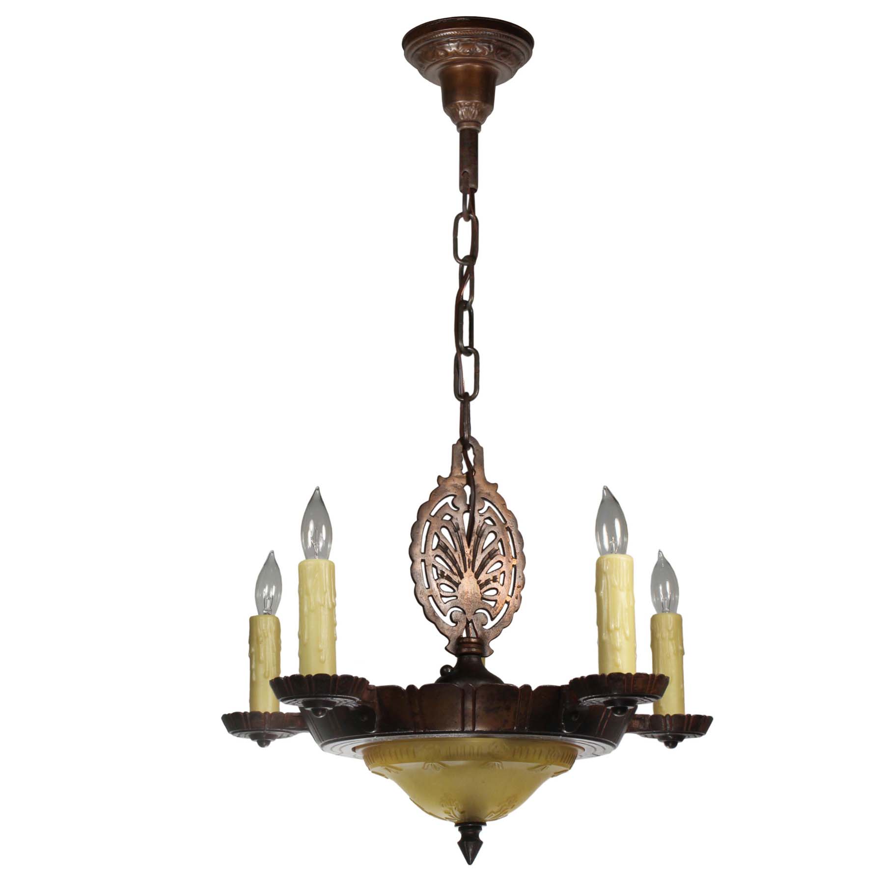 SOLD Antique Cast Iron Chandelier with Glass Shade-69935