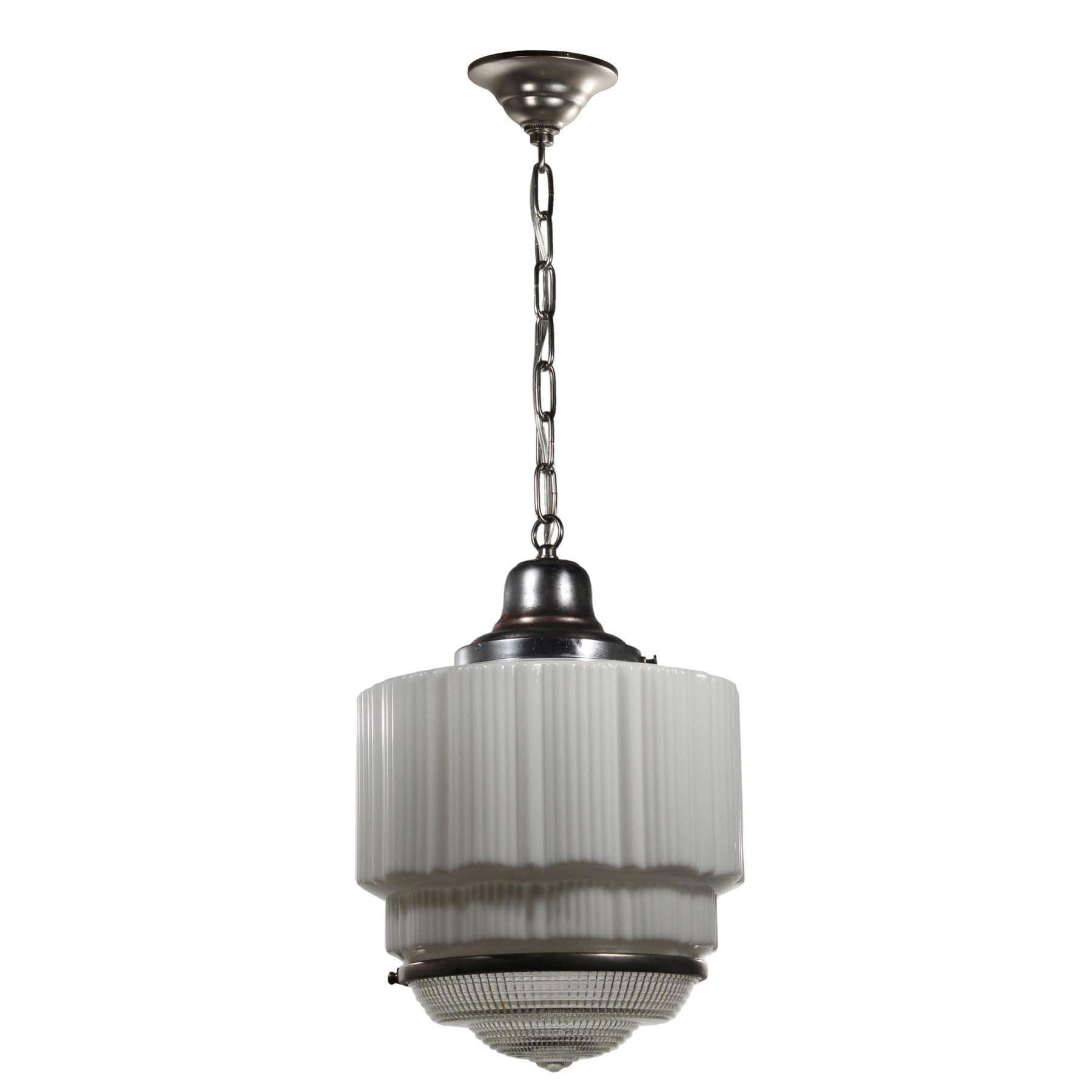 SOLD Large Antique Art Deco Skyscraper Pendant Light with Two-Part Prismatic Shade-69959