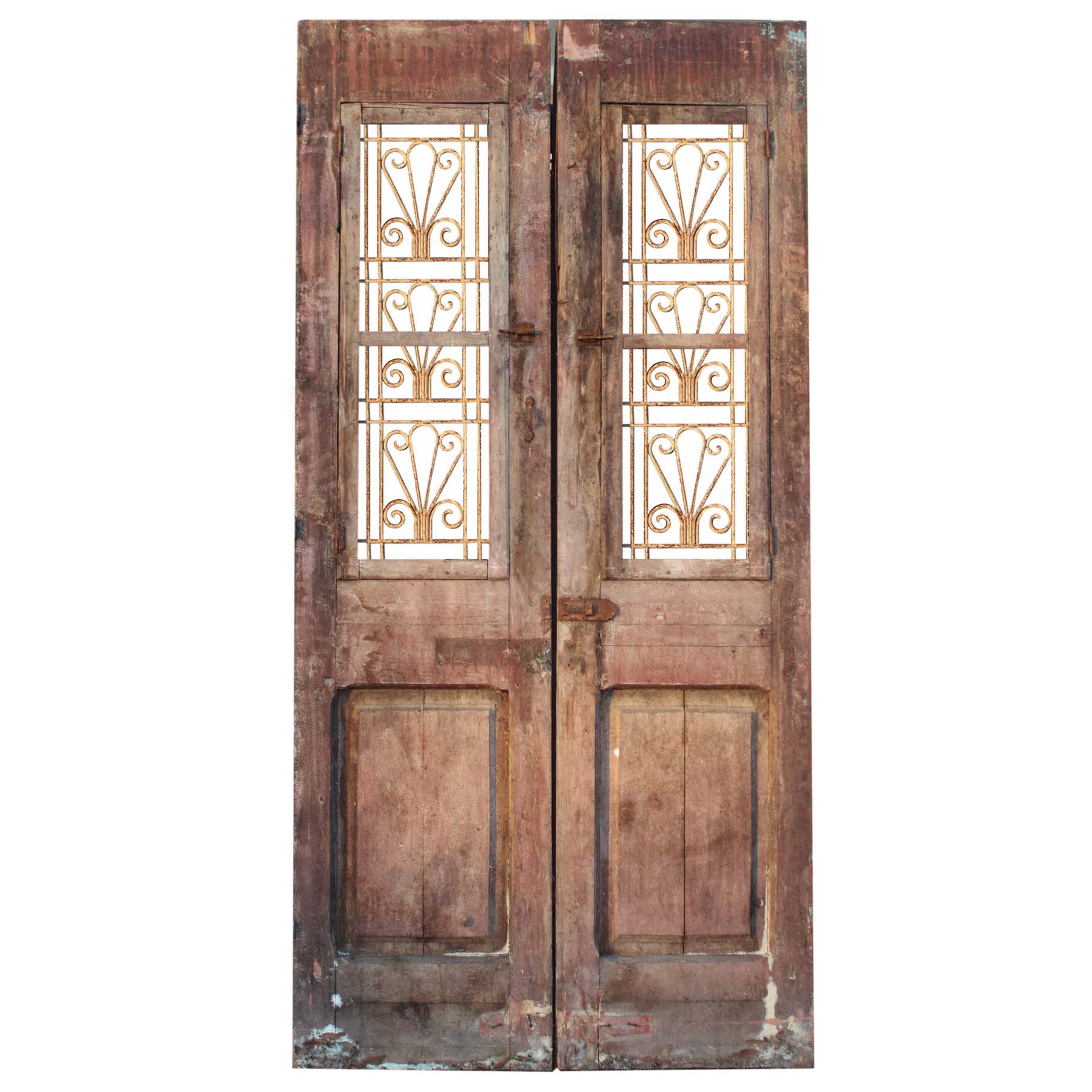 Salvaged 44” French Colonial Door Pair with Iron Inserts-70067