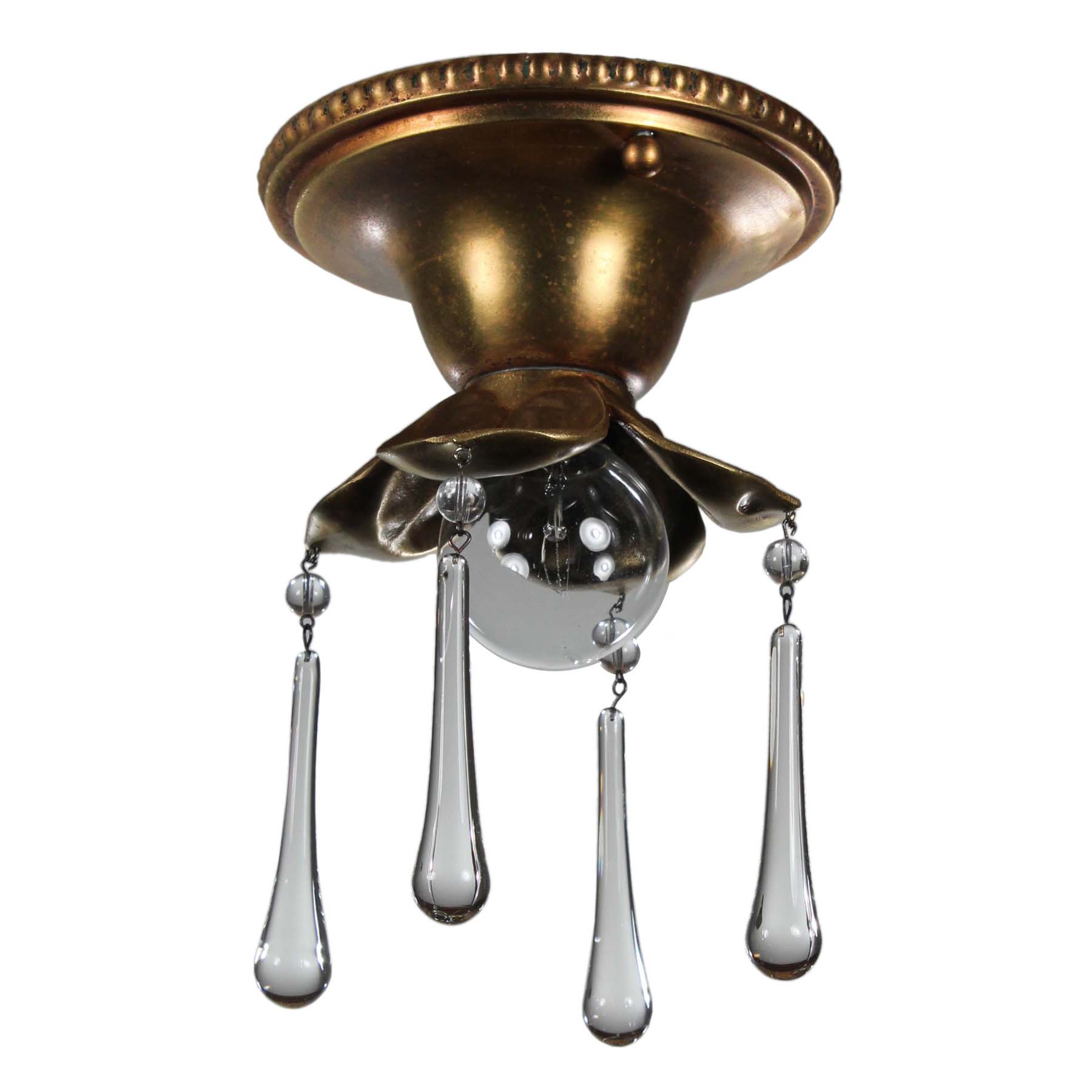 Antique Brass Exposed Bulb Flush-Mount Lights, Teardrop Prisms-70149