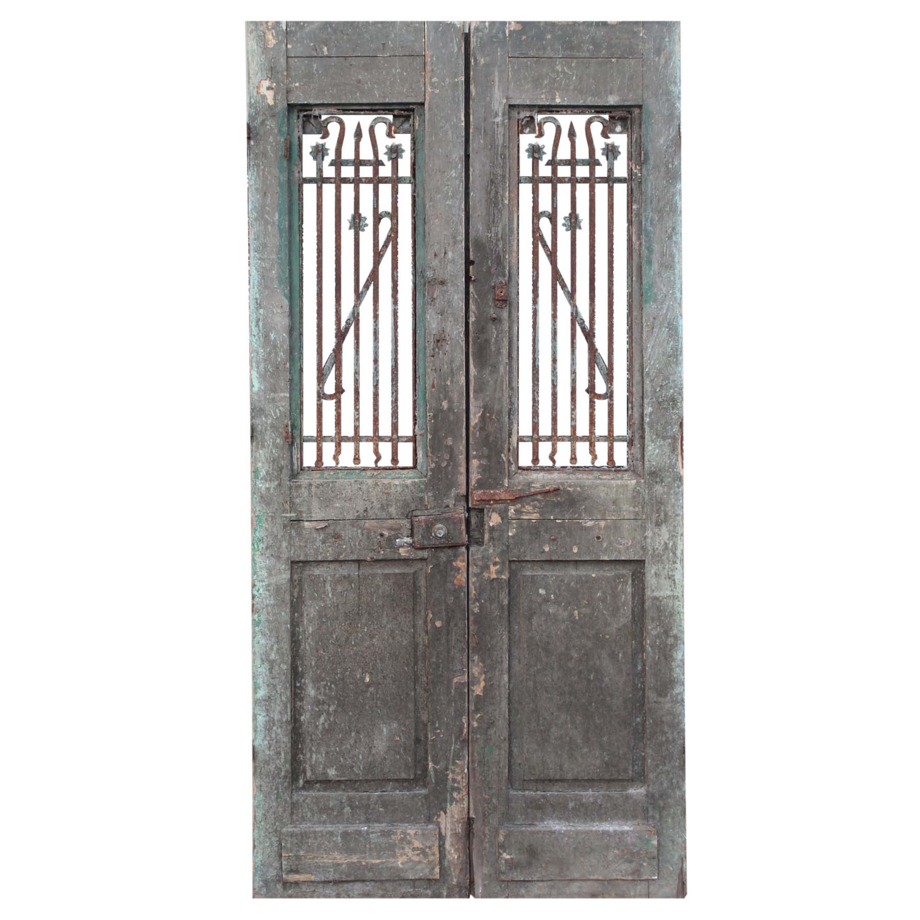 SOLD Salvaged Pair of Antique 48” French Colonial Doors with Iron Inserts-70188