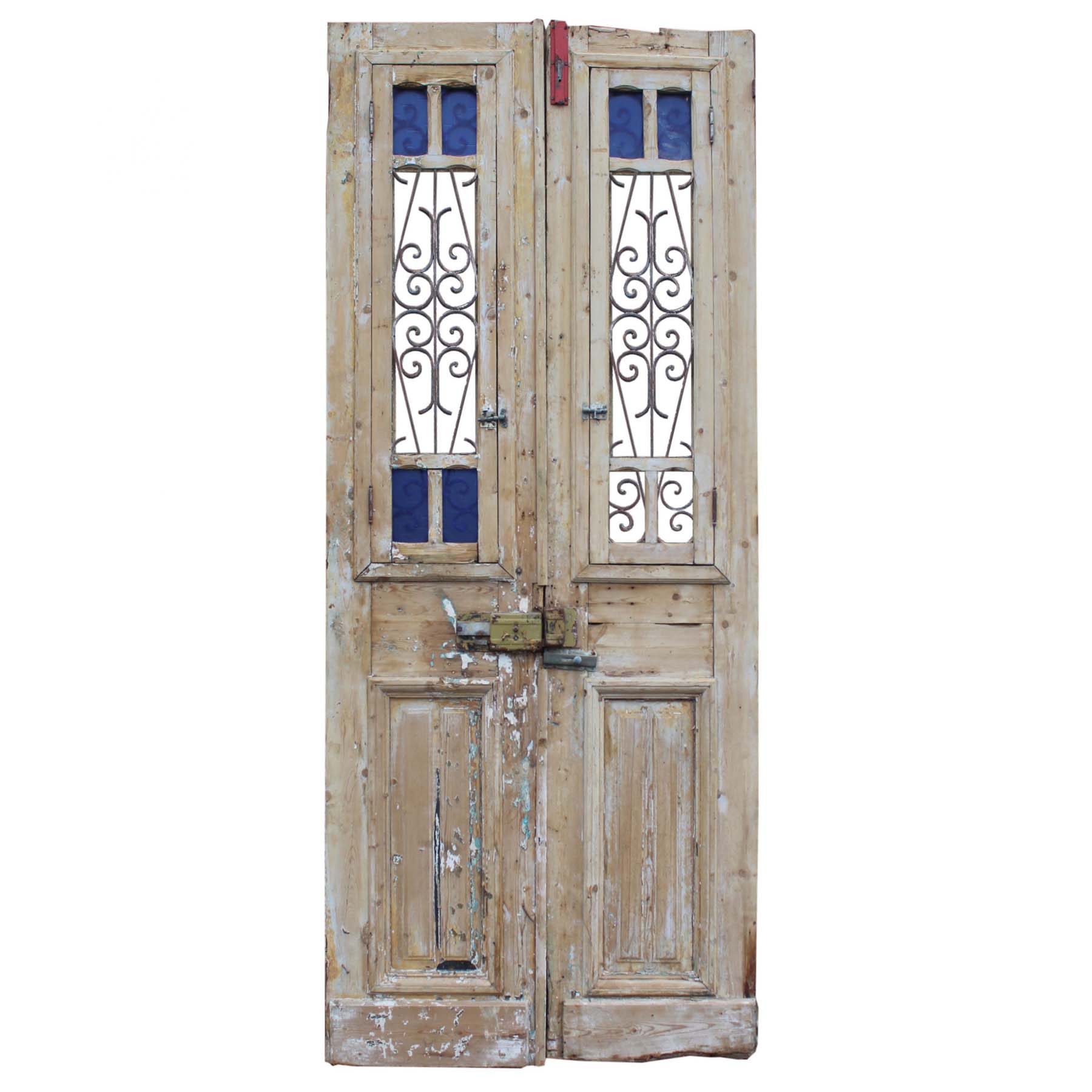 Antique Pair of 40” French Colonial Doors with Iron Inserts-70196