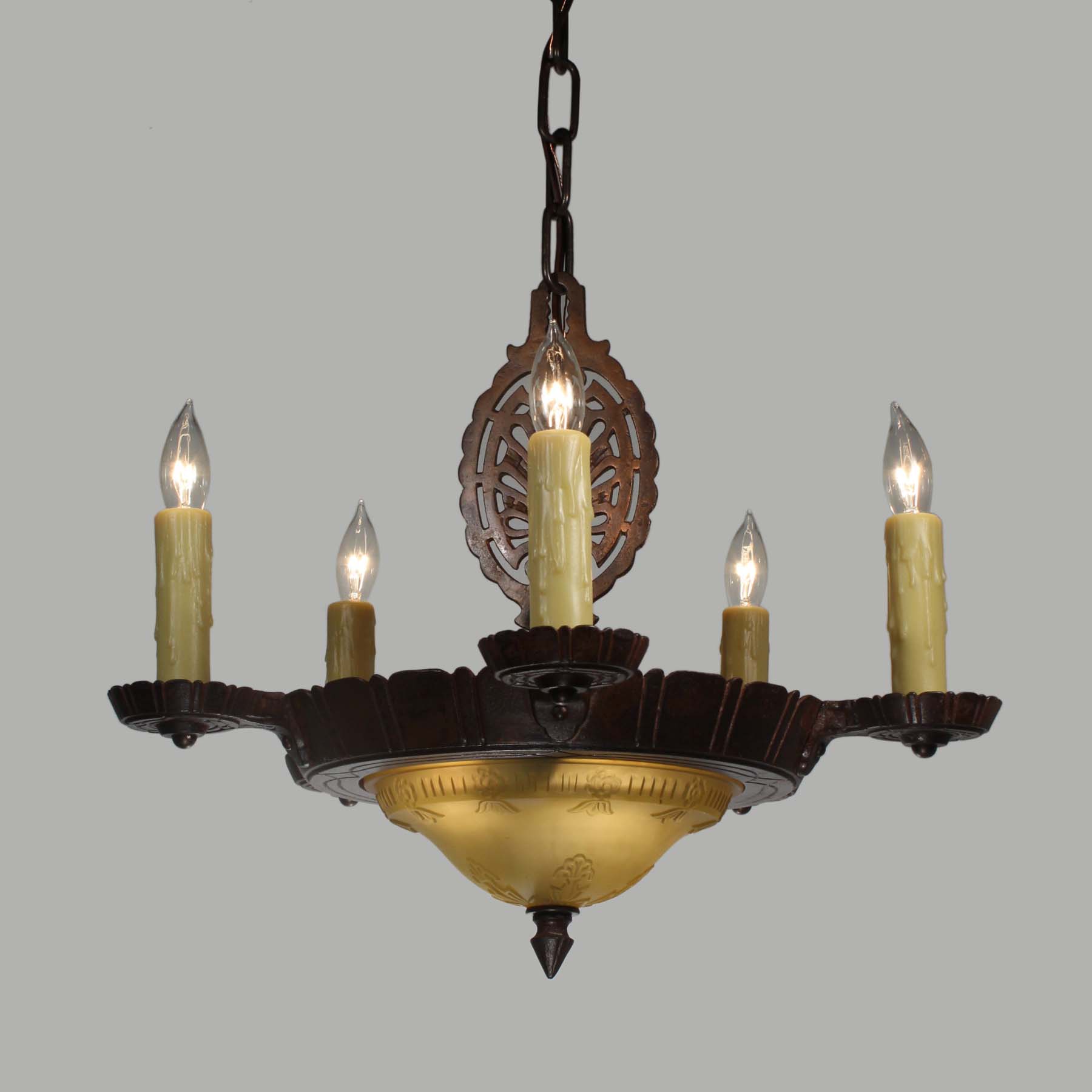 SOLD Antique Cast Iron Chandelier with Glass Shade-69937