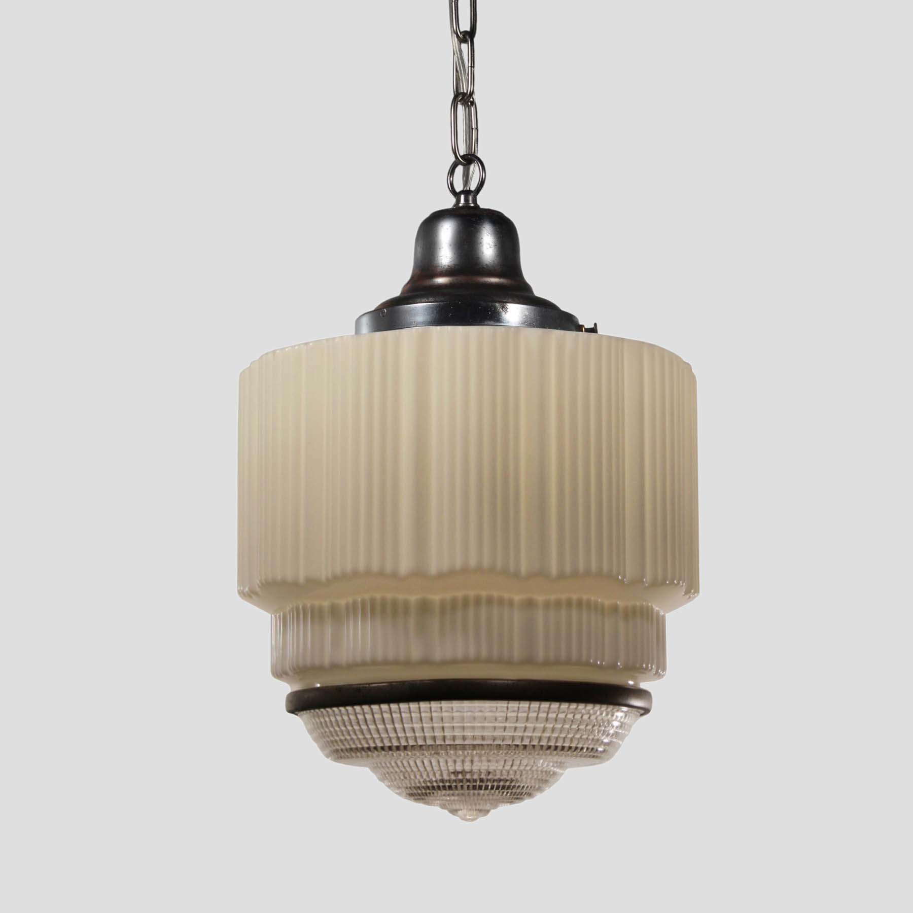 SOLD Large Antique Art Deco Skyscraper Pendant Light with Two-Part Prismatic Shade-69961