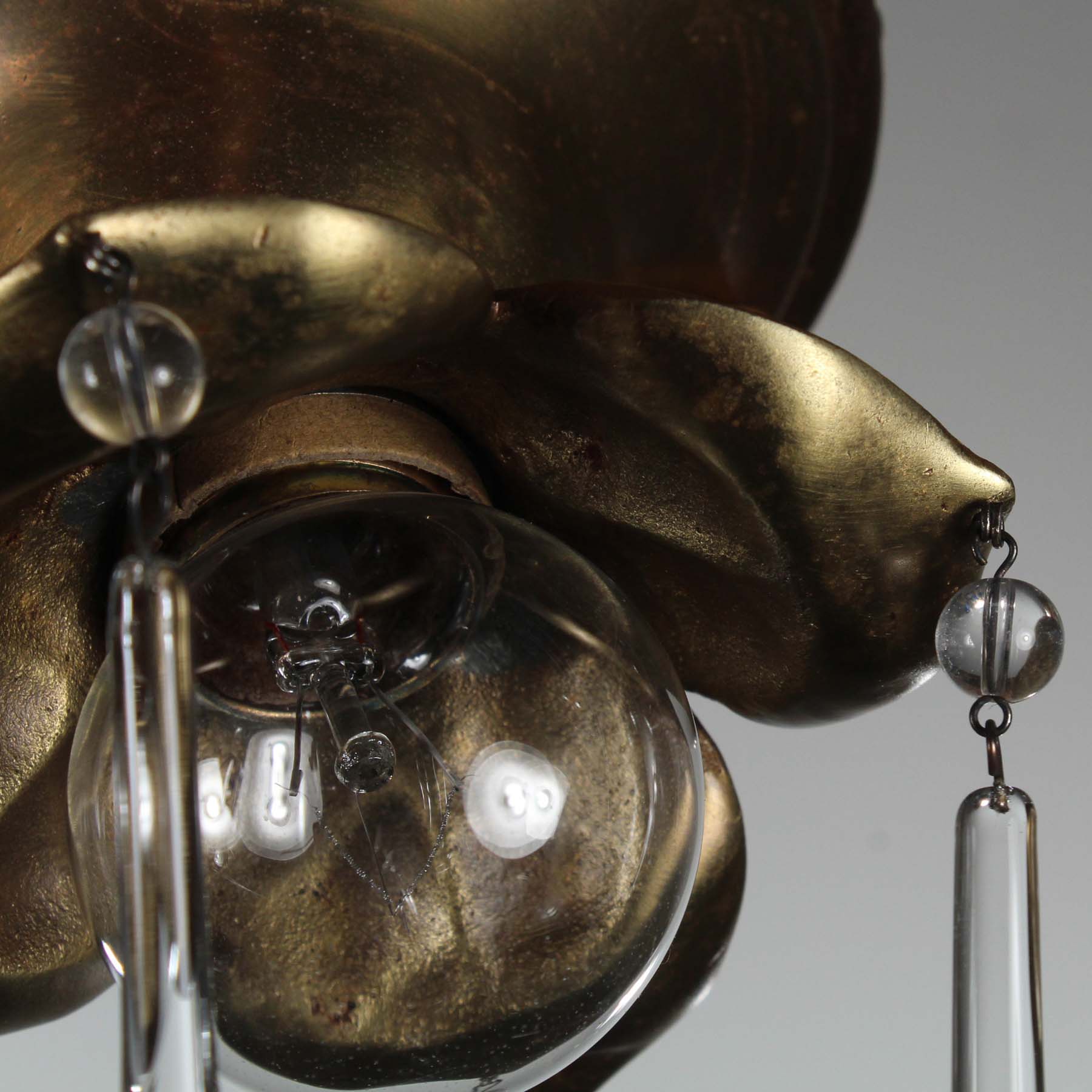 Antique Brass Exposed Bulb Flush-Mount Lights, Teardrop Prisms-70152