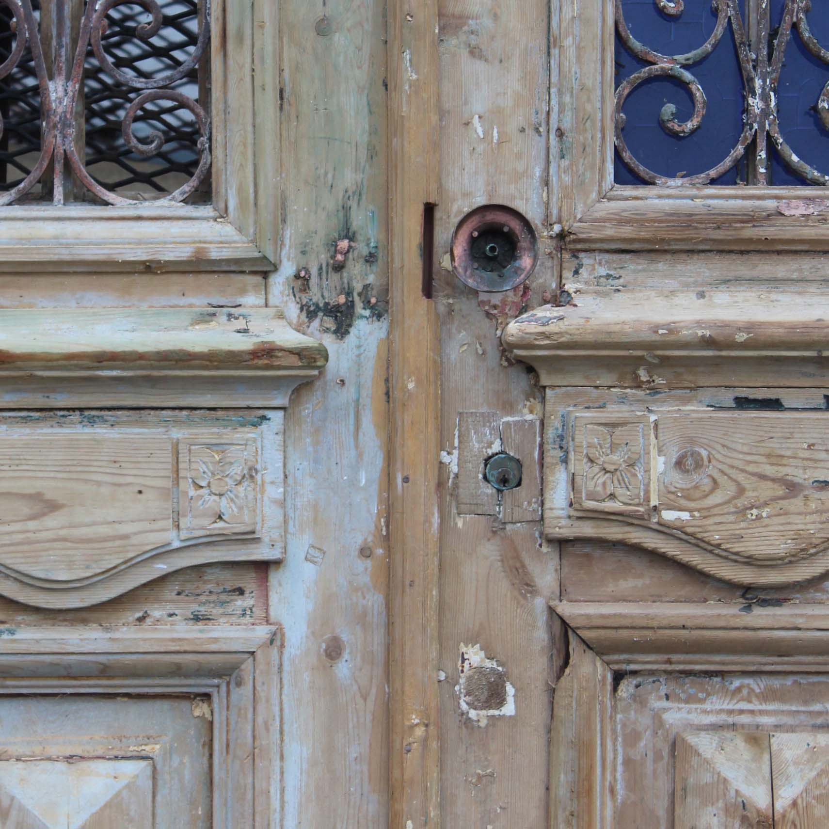 Antique Pair of 40” French Colonial Doors with Iron Inserts-70195