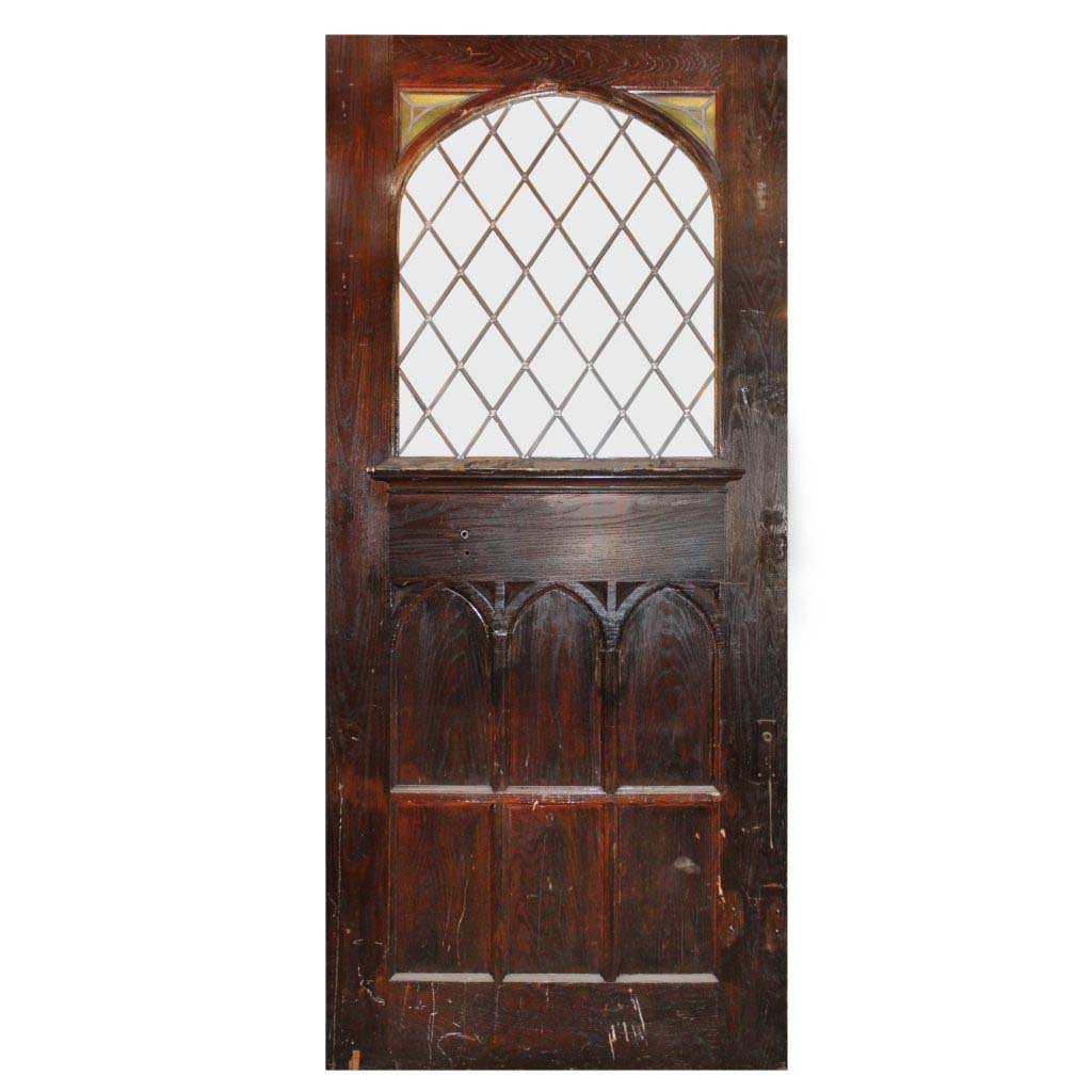 Substantial 47” Salvaged Oak Door with Gothic Arch Window-0 Substantial 47” Salvaged Oak Door with Gothic Arch Window-0